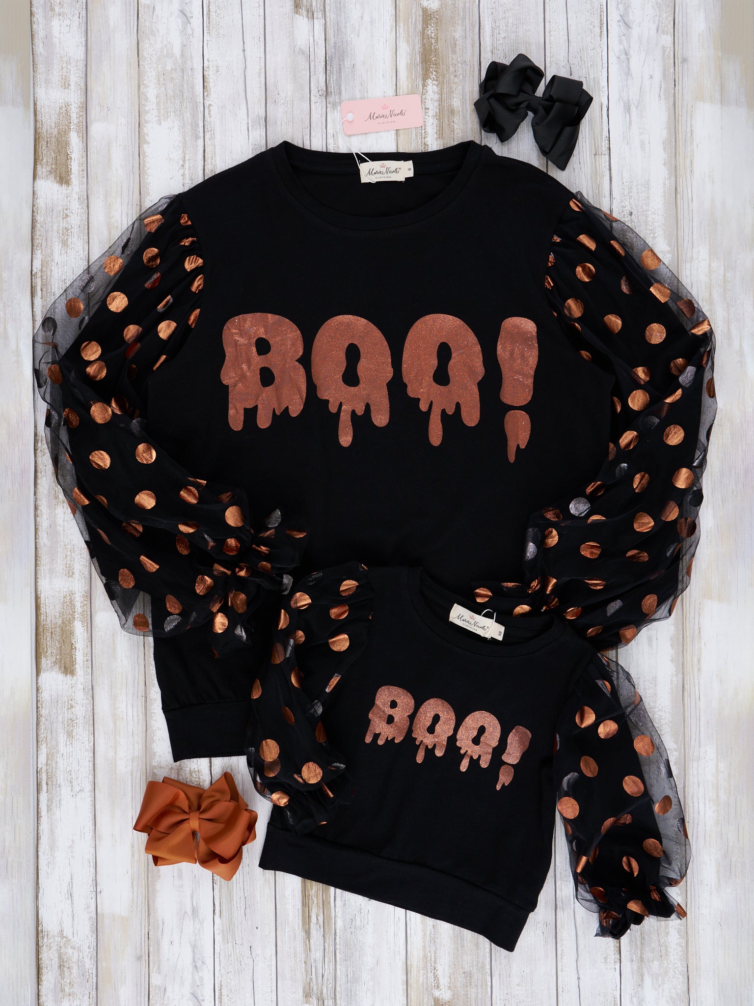 Mom & Me Orange & Black "Boo" Polka Dot Top - Marie Nicole Clothing