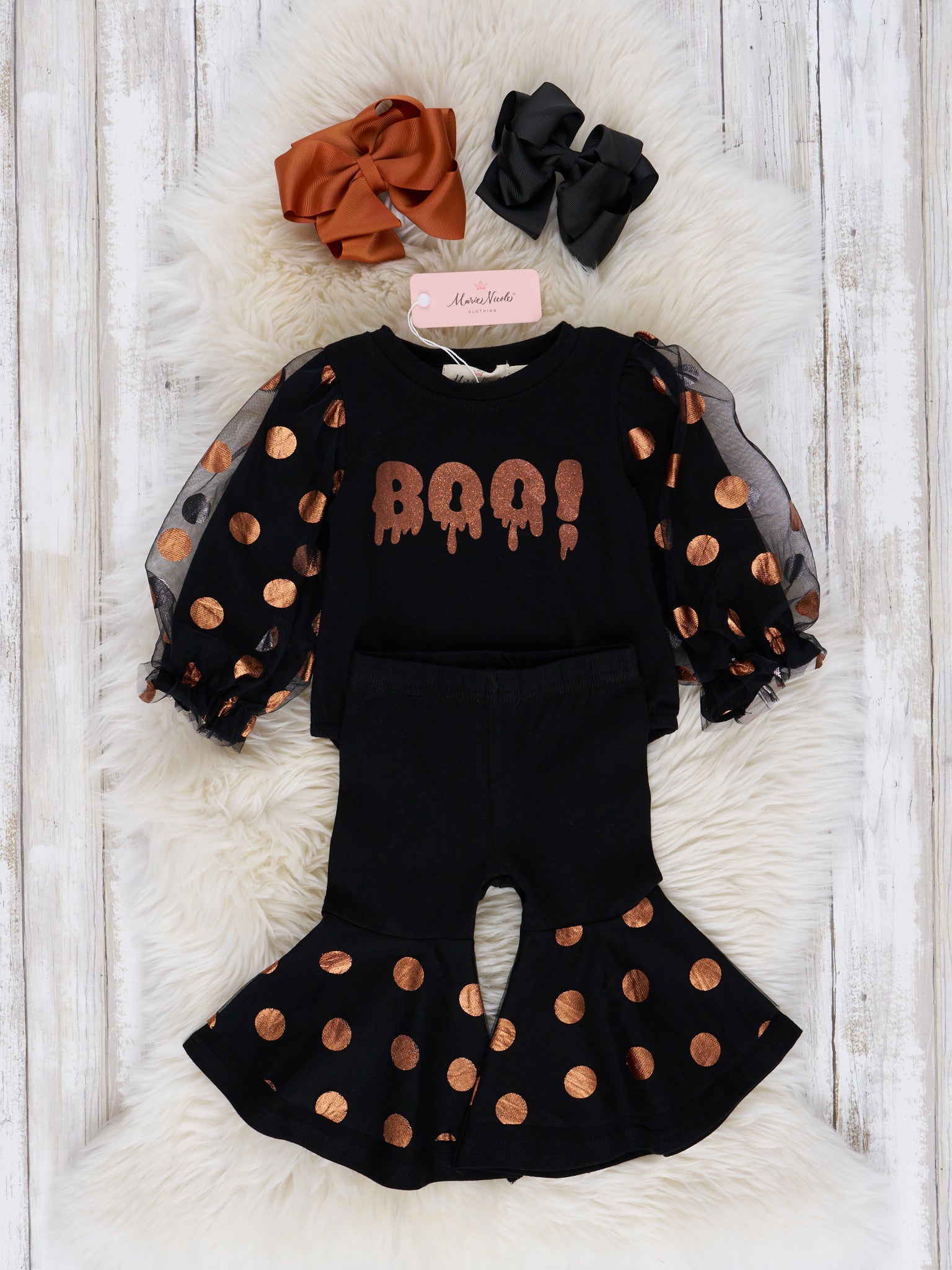 Mom & Me Orange & Black "Boo" Polka Dot Top - Marie Nicole Clothing