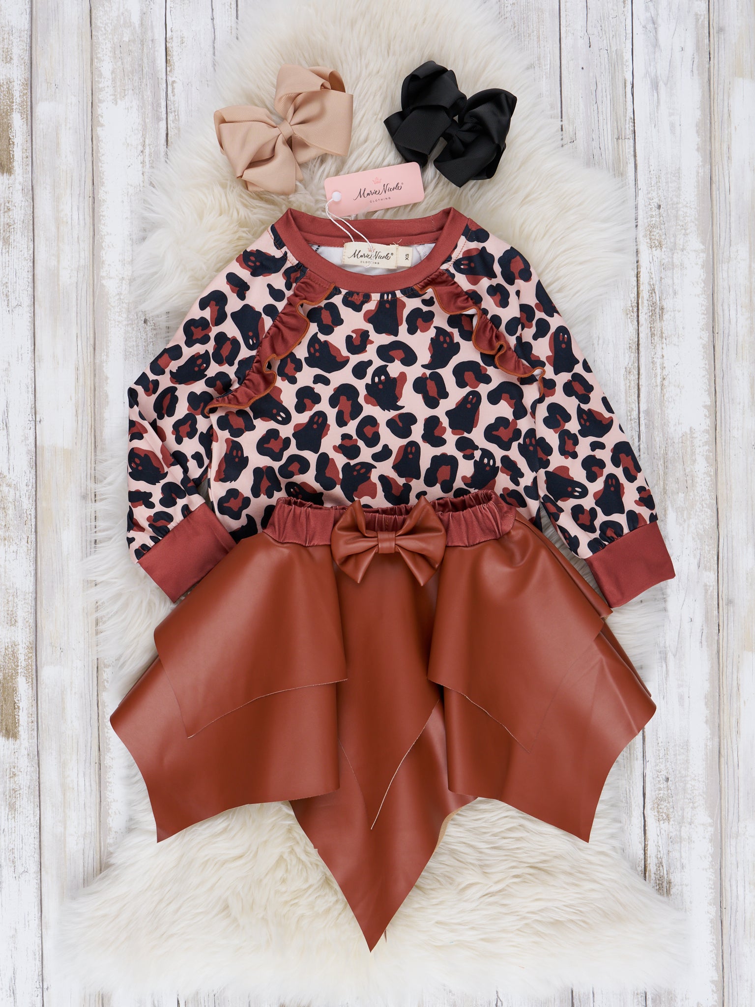 Brown Faux Leather Ghost Leopard Print Outfit - Marie Nicole Clothing