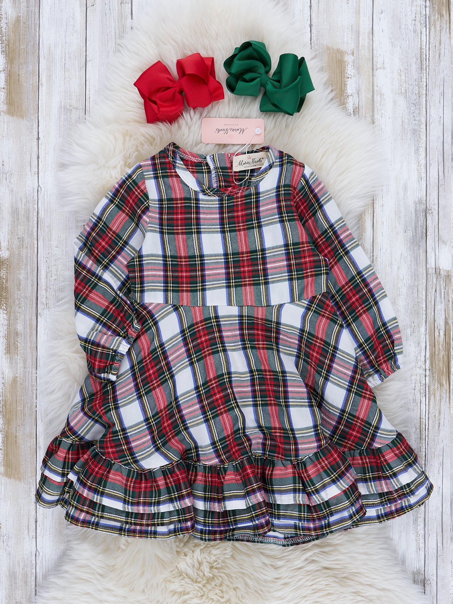 Classic Winter Holiday Plaid Ruffle Dress - Marie Nicole Clothing