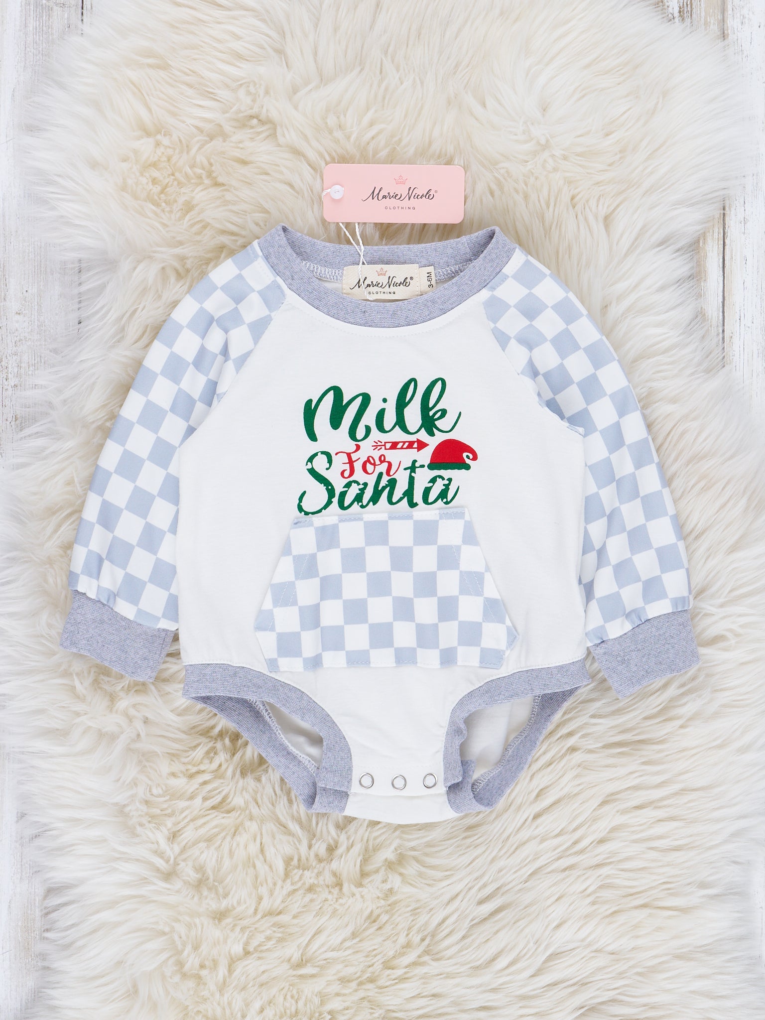 Grey Gingham "Milk for Santa" Raglan Romper - Marie Nicole Clothing