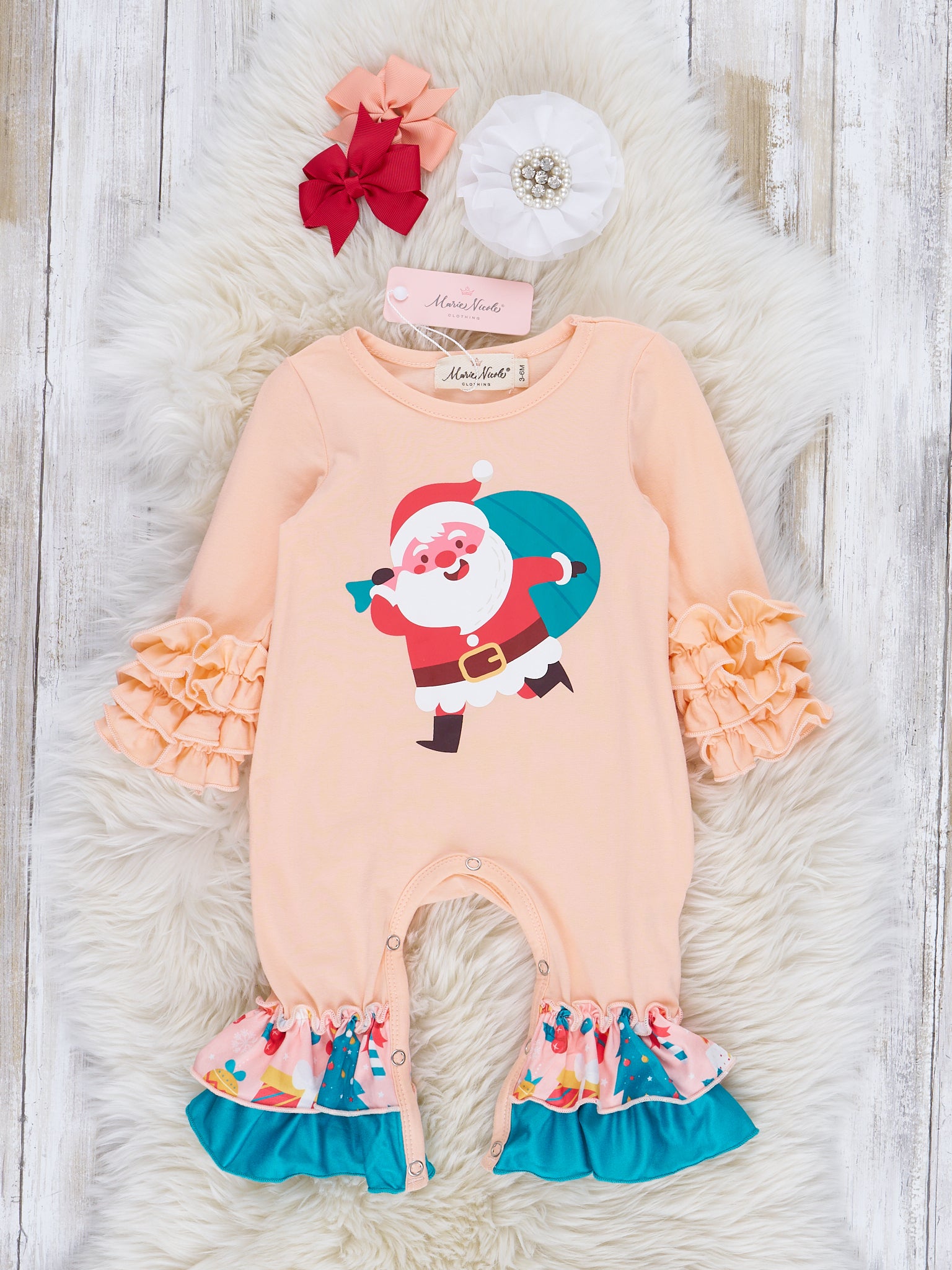 Peach St. Nick Ruffle Romper - Marie Nicole Clothing