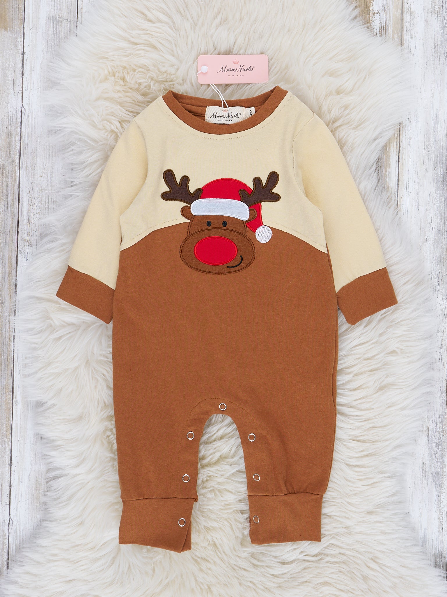 Tan Embroidered Reindeer Romper - Marie Nicole Clothing