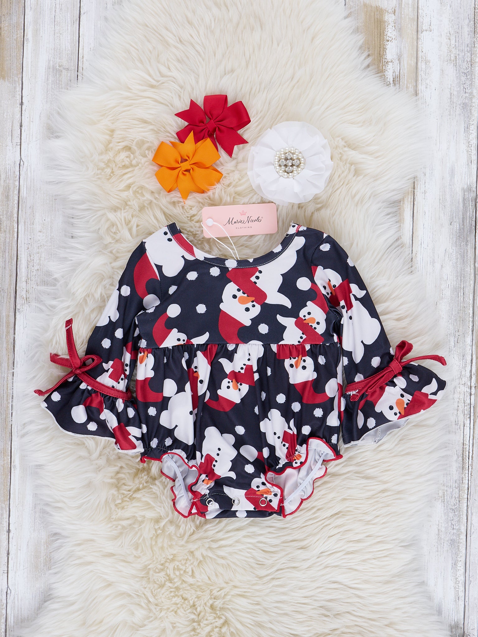 Black Mr. Snowman Ruffle Bubble Romper - Marie Nicole Clothing