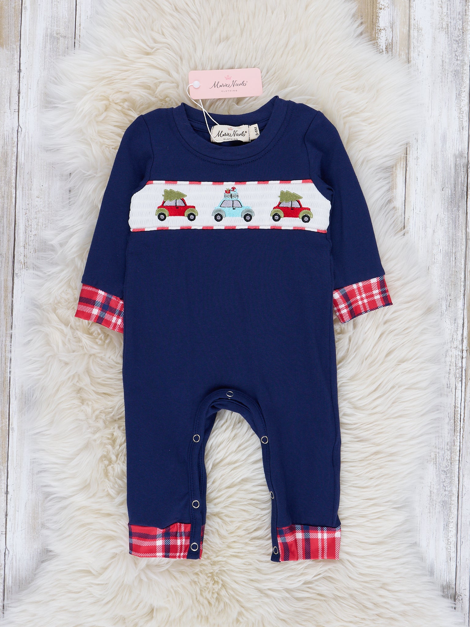Navy & Red Holiday Plaid Smocked Romper - Marie Nicole Clothing