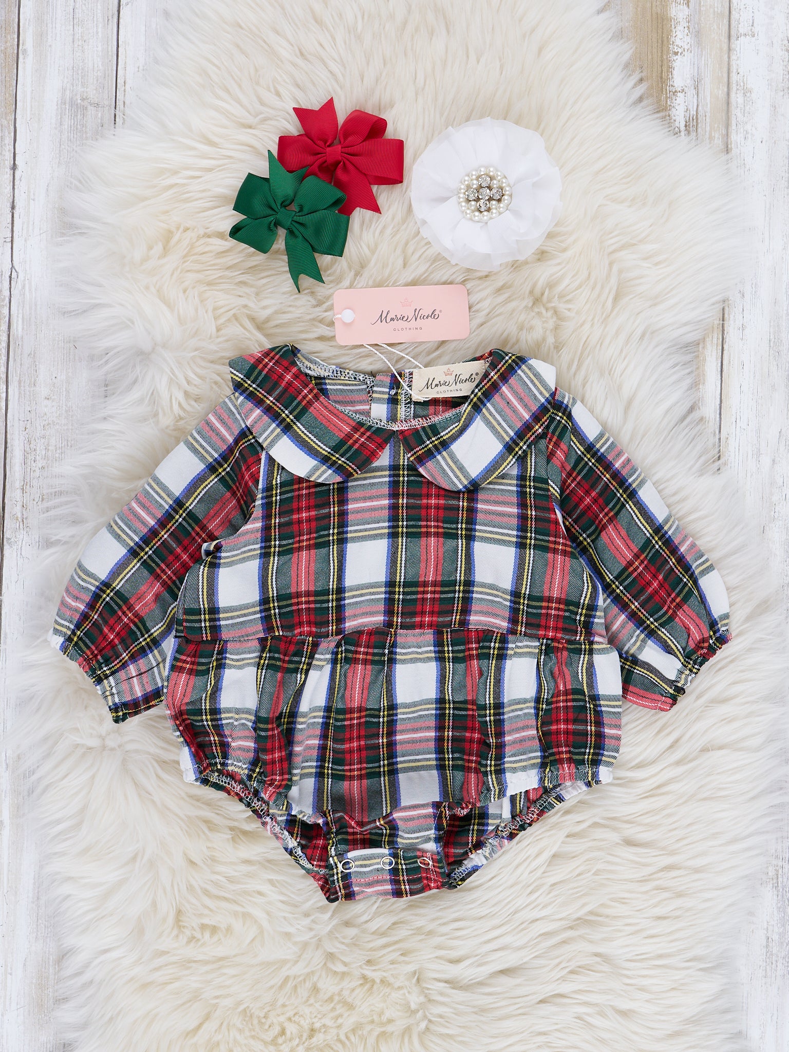 Classic Winter Holiday Plaid Bubble Romper - Marie Nicole Clothing