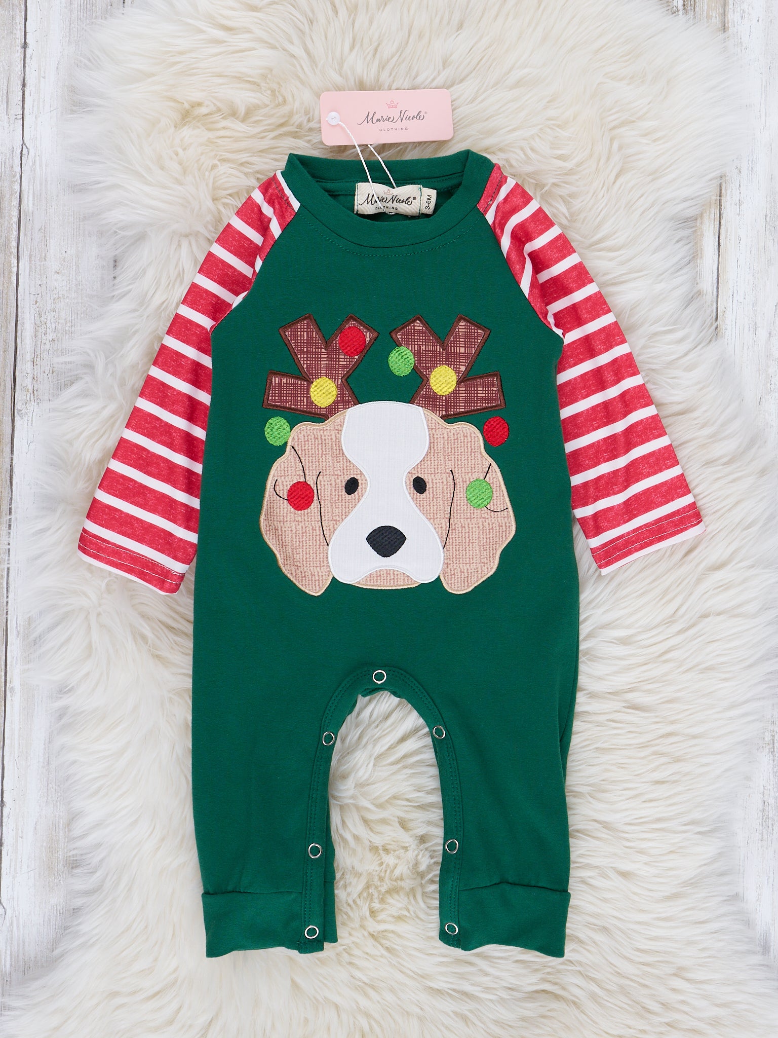Holiday Pup Striped Raglan Romper - Marie Nicole Clothing