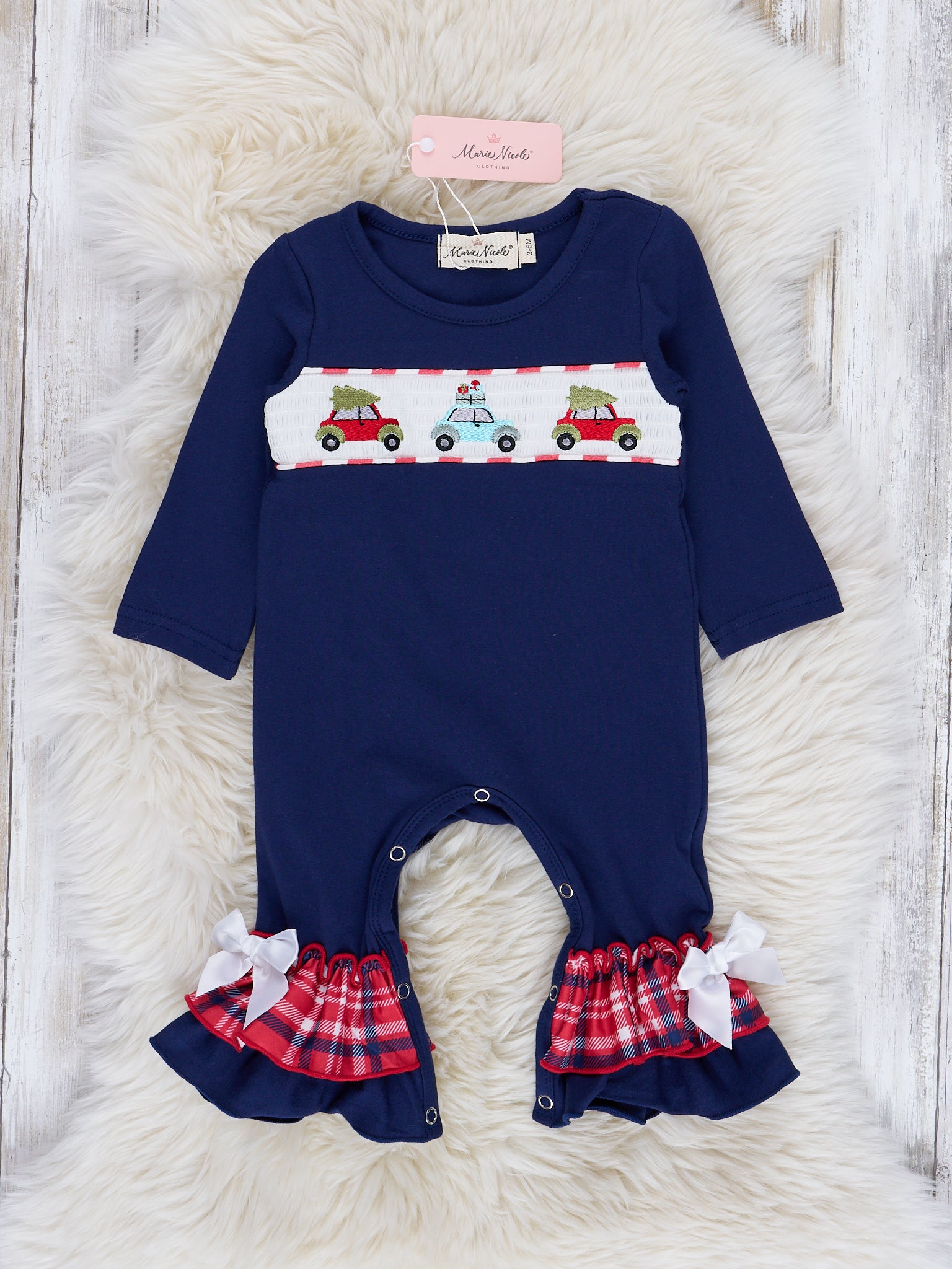 Navy & Red Holiday Plaid Smocked Ruffle Romper - Marie Nicole Clothing