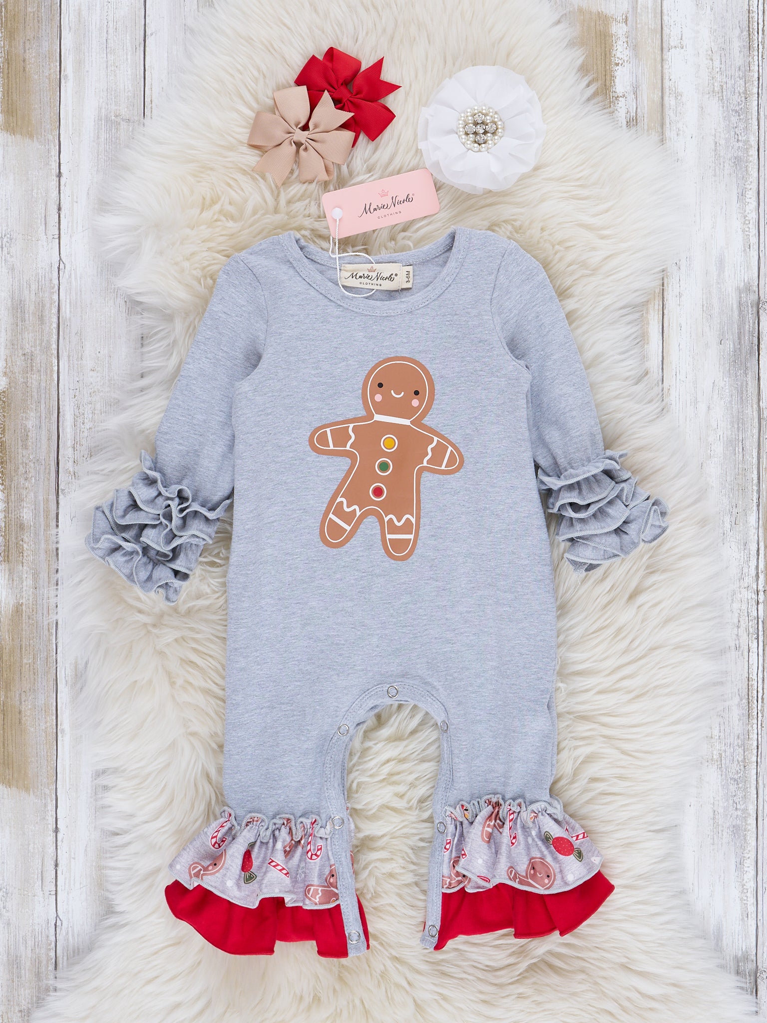 Grey Gingerbread Ruffle Romper - Marie Nicole Clothing