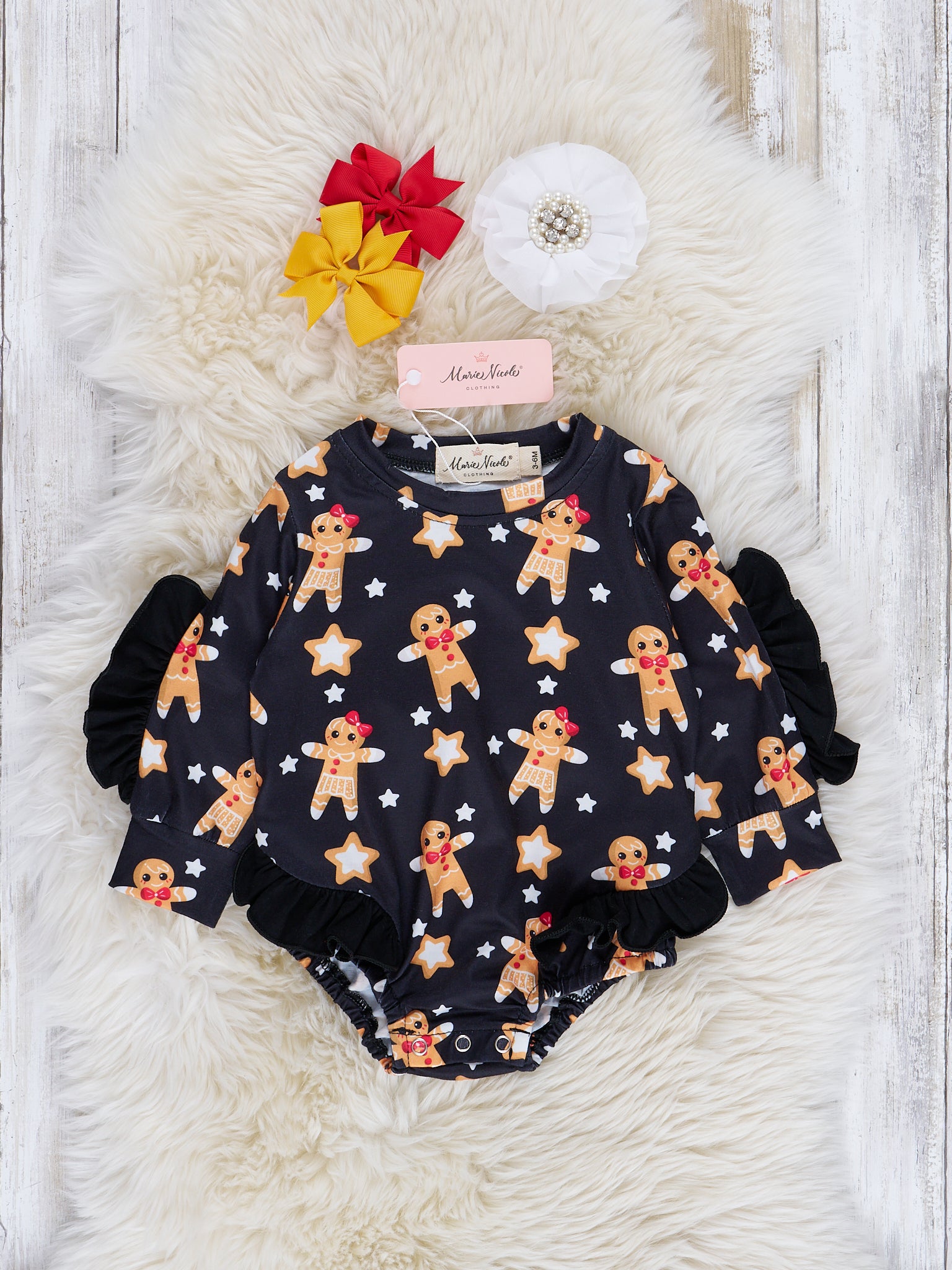 Black Gingerbread Ruffle Bubble Romper - Marie Nicole Clothing