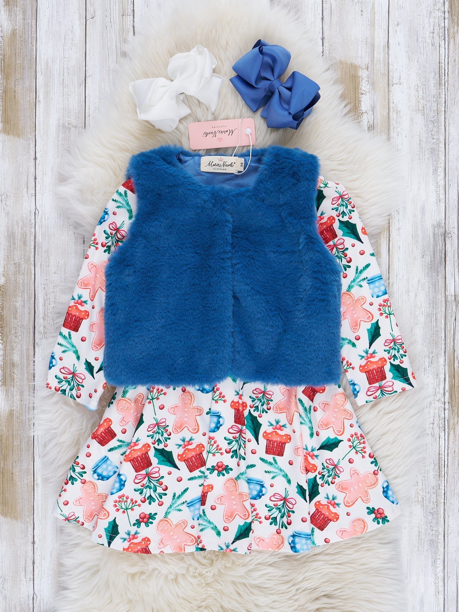 Gingerbread Garden Swing Dress w/ Faux Fur Vest - Marie Nicole Clothing