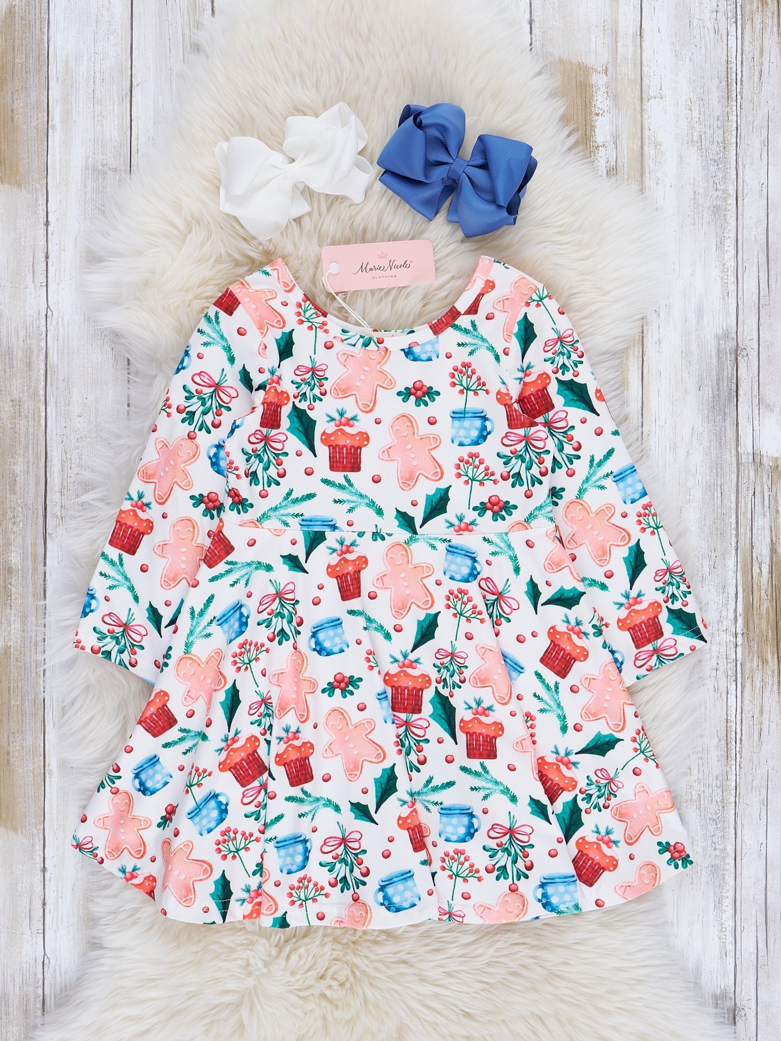 Gingerbread Garden Swing Dress w/ Faux Fur Vest - Marie Nicole Clothing