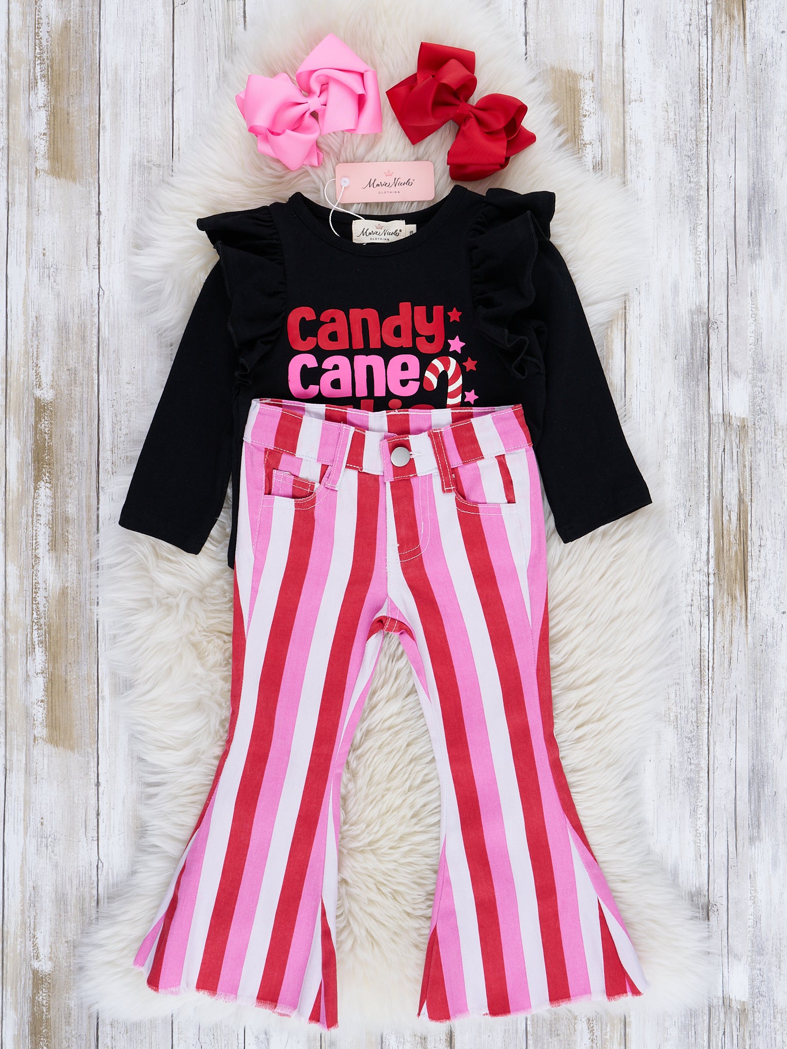 Pink & Red Striped "Candy Cane Cutie" Bell Bottom Outfit - Marie Nicole Clothing