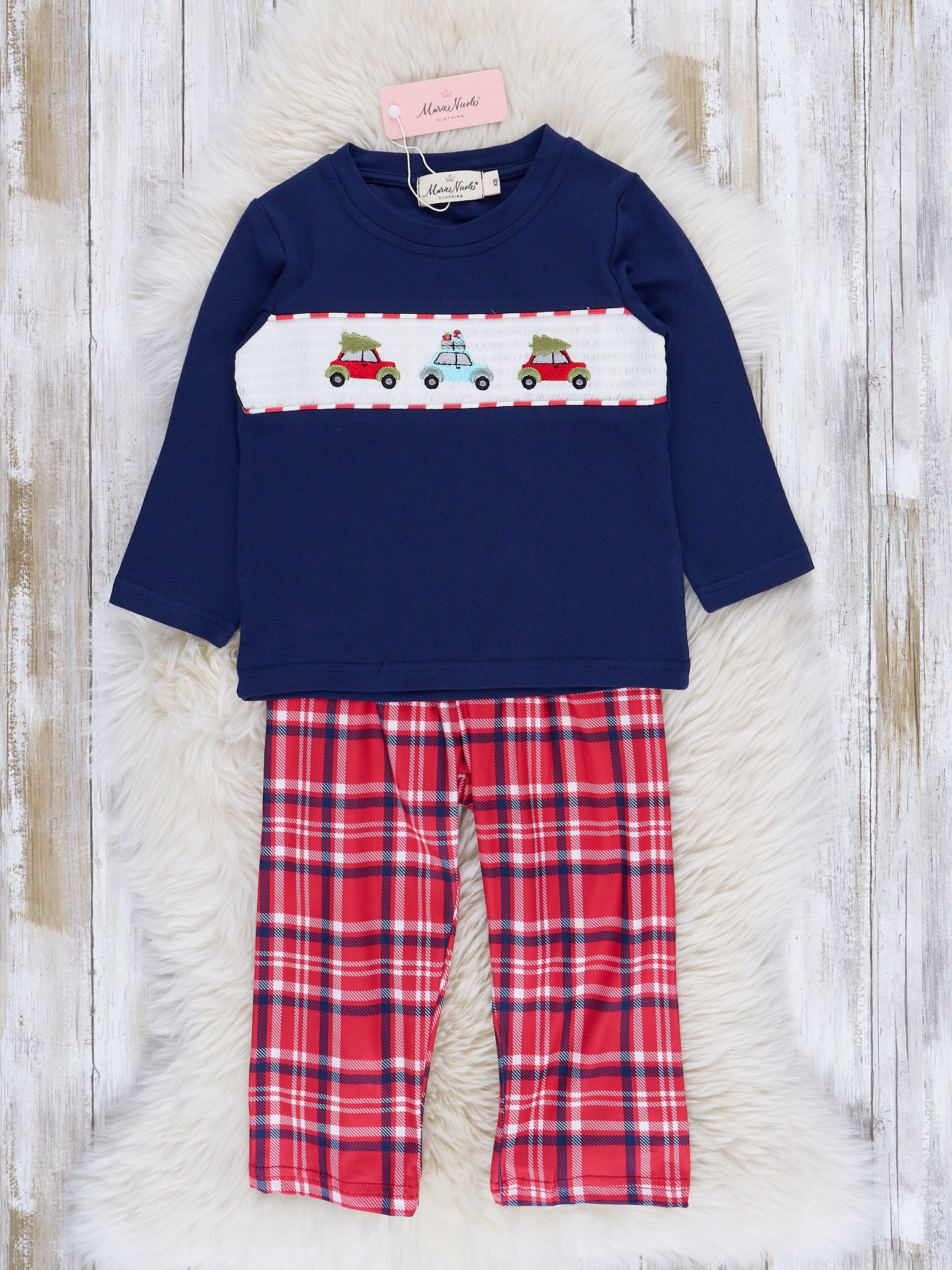 Navy & Red Holiday Plaid Smocked Outfit - Marie Nicole Clothing