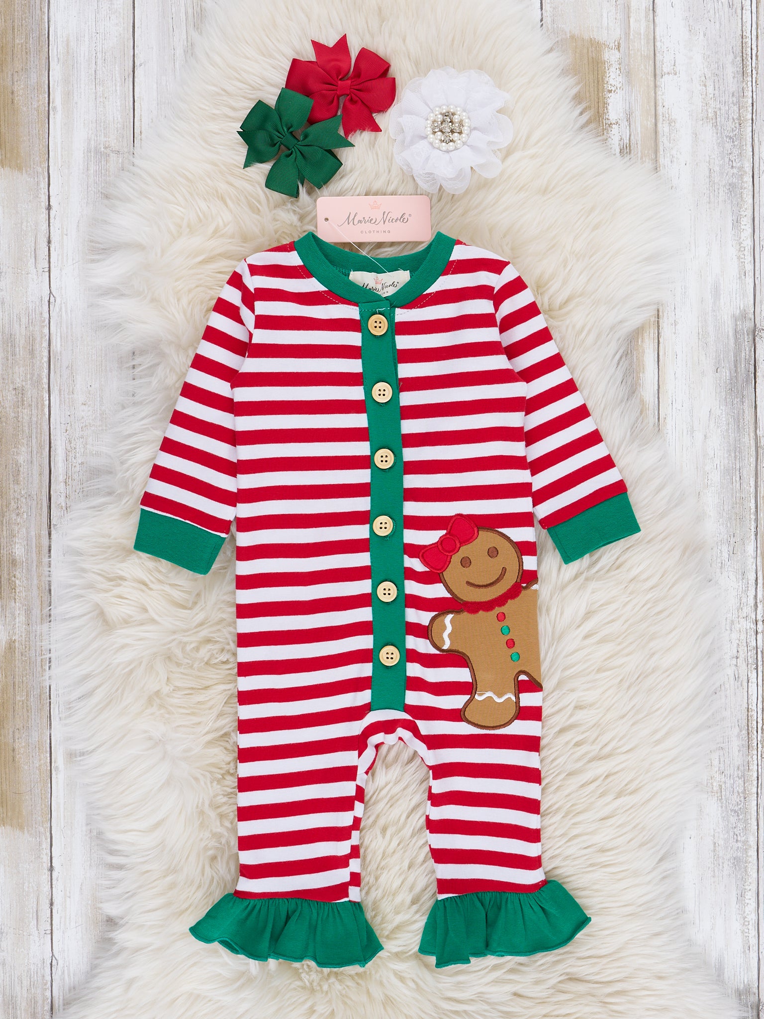 Gingerbread Dreams Striped Christmas Sleeper Pajamas - Boys & Girls - Marie Nicole Clothing