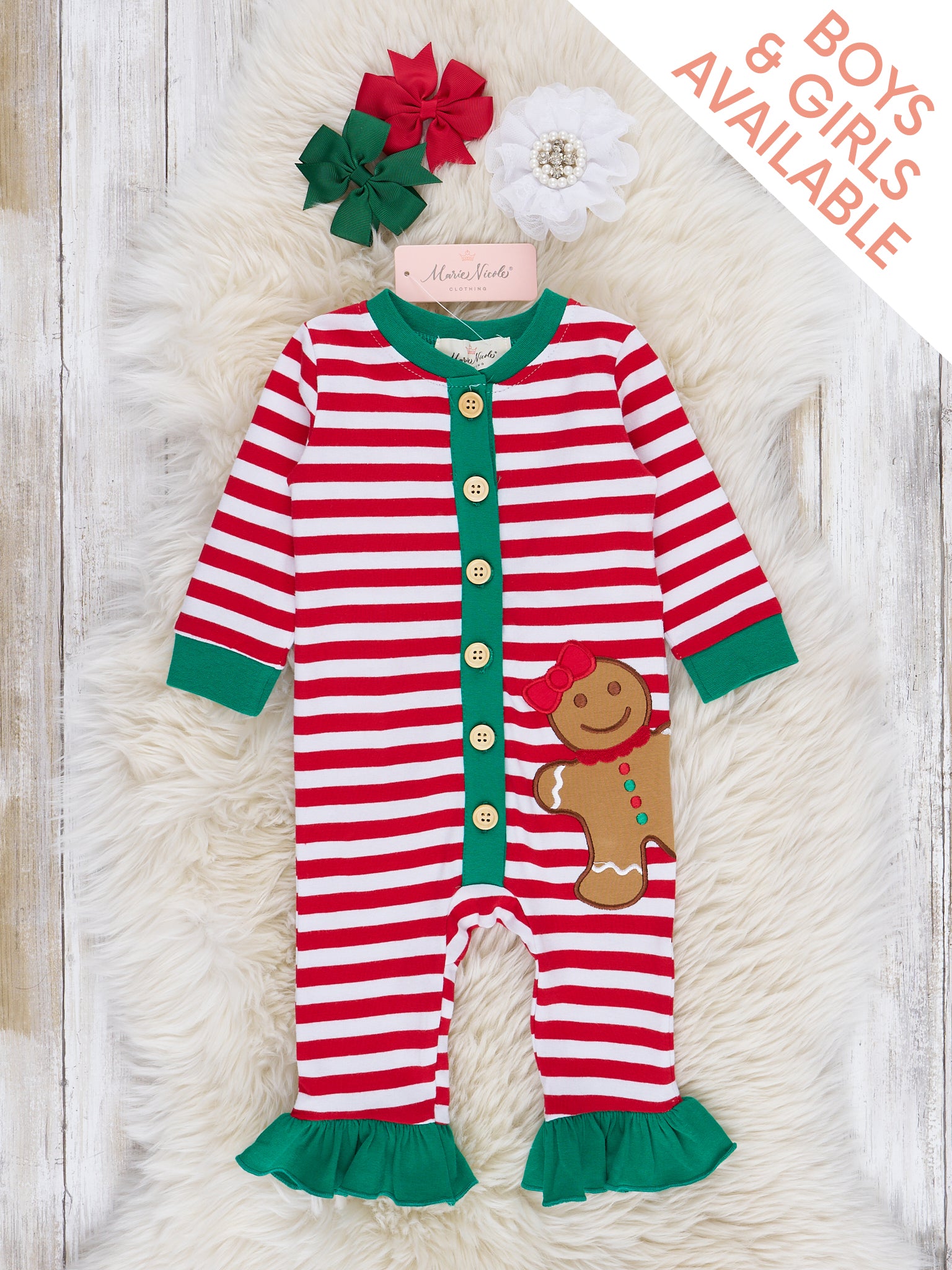 Gingerbread Dreams Striped Christmas Sleeper Pajamas - Boys & Girls - Marie Nicole Clothing