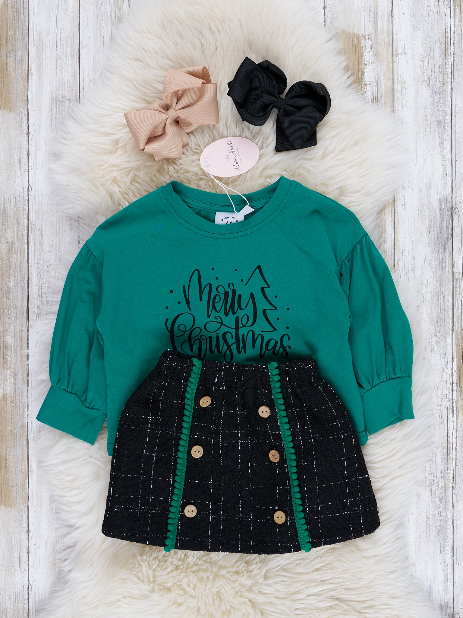 Green & Black Christmas Boucle Skirt Outfit - Marie Nicole Clothing