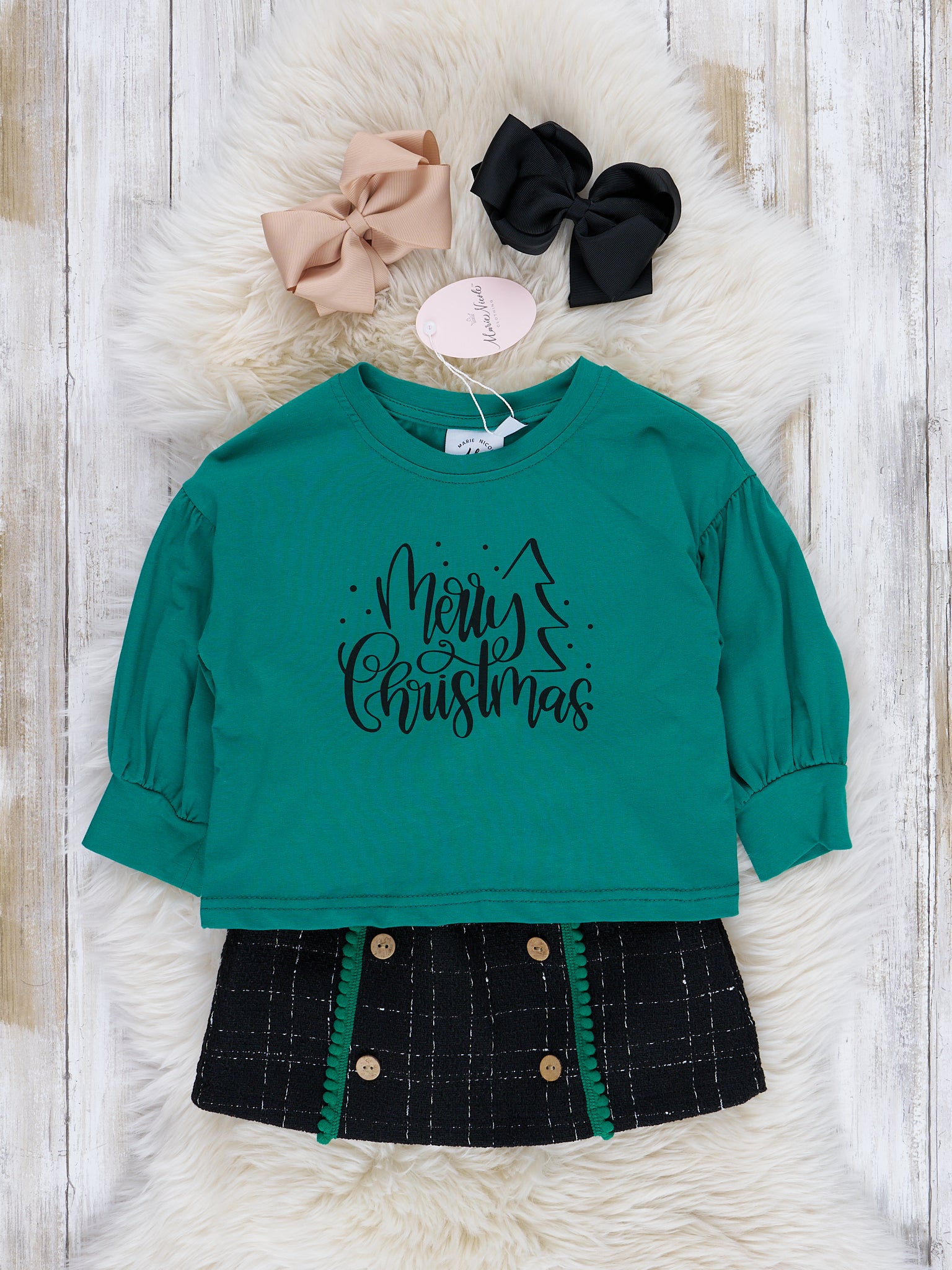 Green & Black Christmas Boucle Skirt Outfit - Marie Nicole Clothing