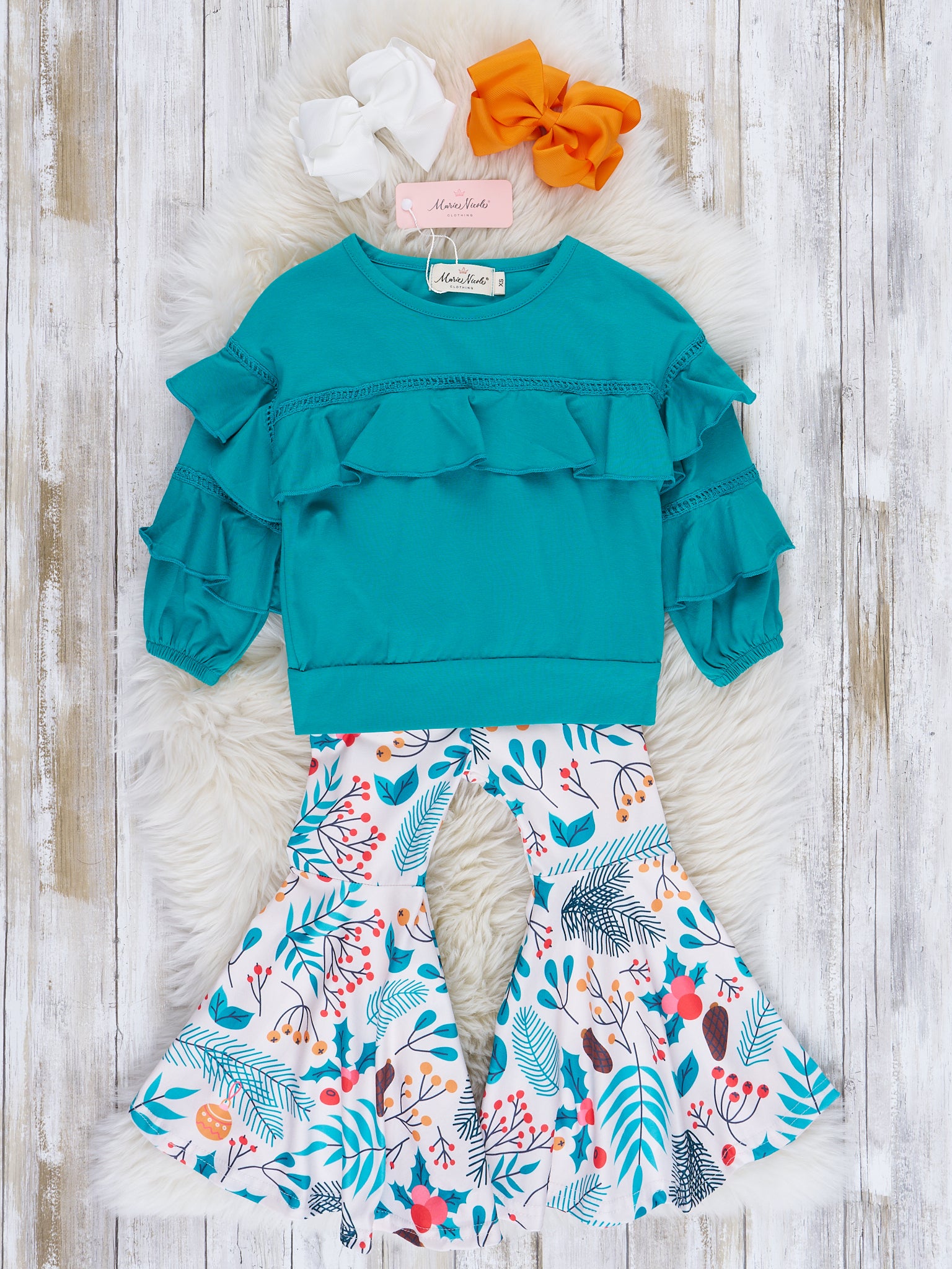 Wonderful Christmas Time Ruffle Bell Bottom Outfit - Marie Nicole Clothing