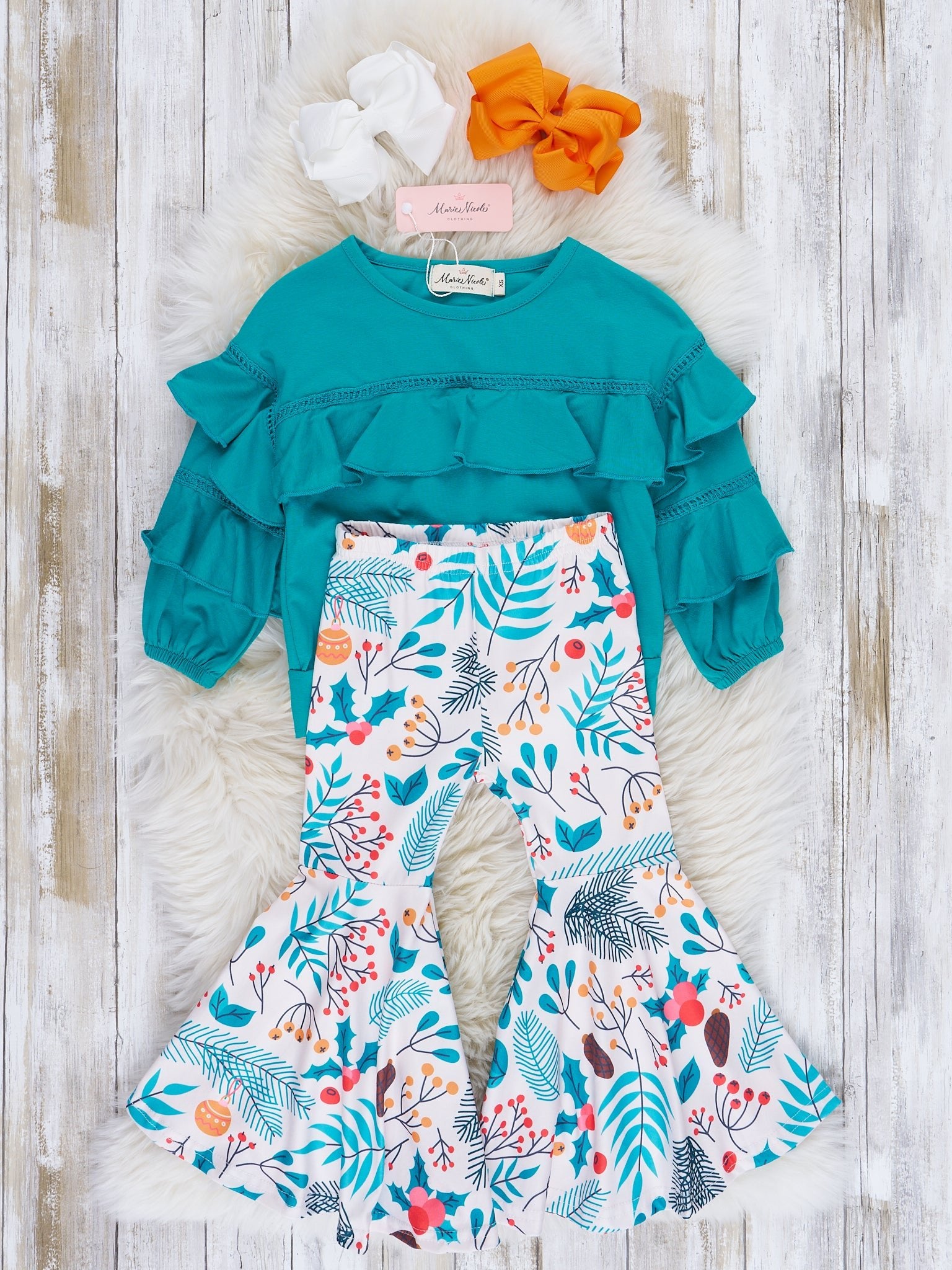 Wonderful Christmas Time Ruffle Bell Bottom Outfit - Marie Nicole Clothing