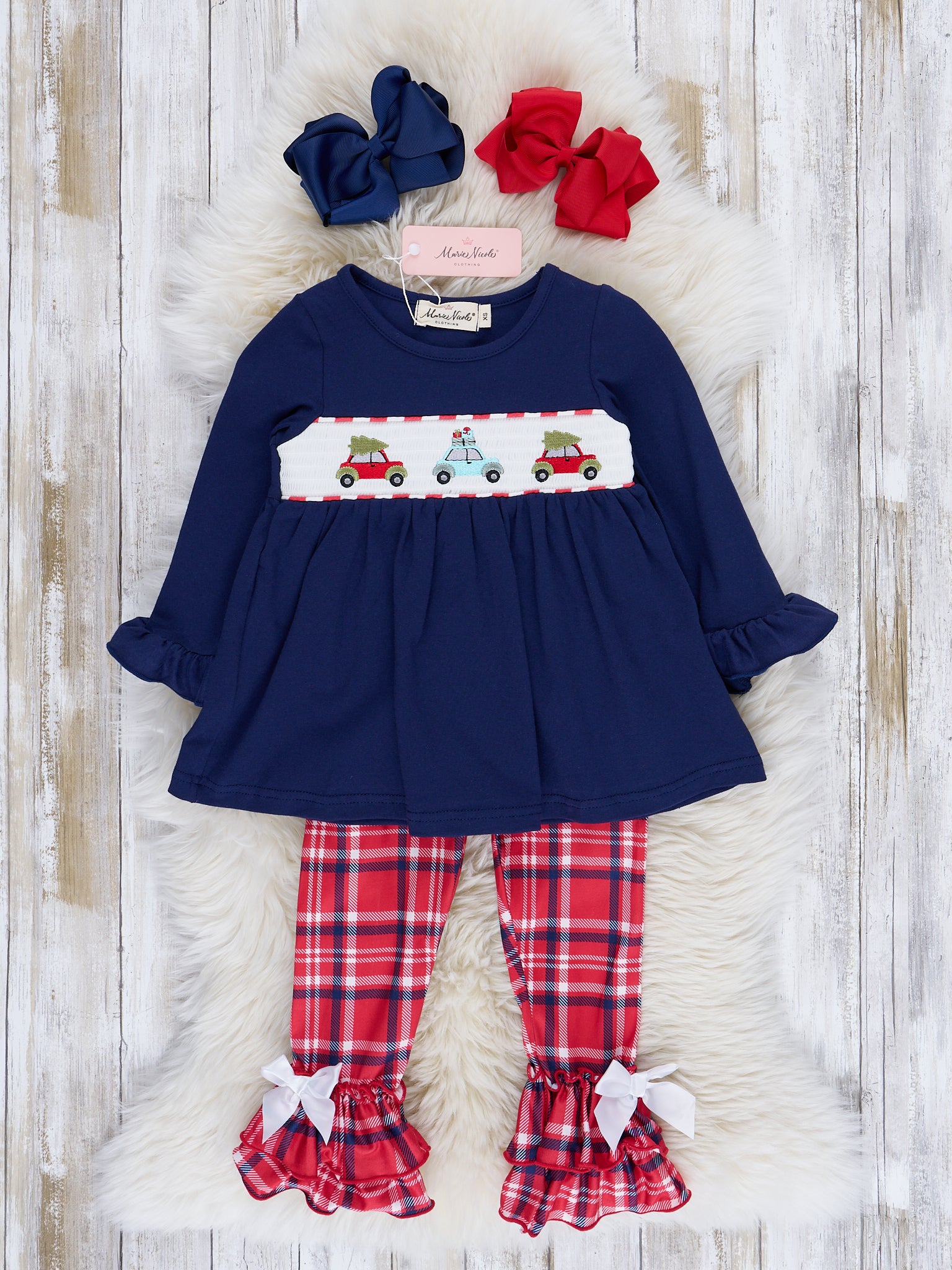 Navy & Red Holiday Plaid Smocked Ruffle Outfit - Marie Nicole Clothing