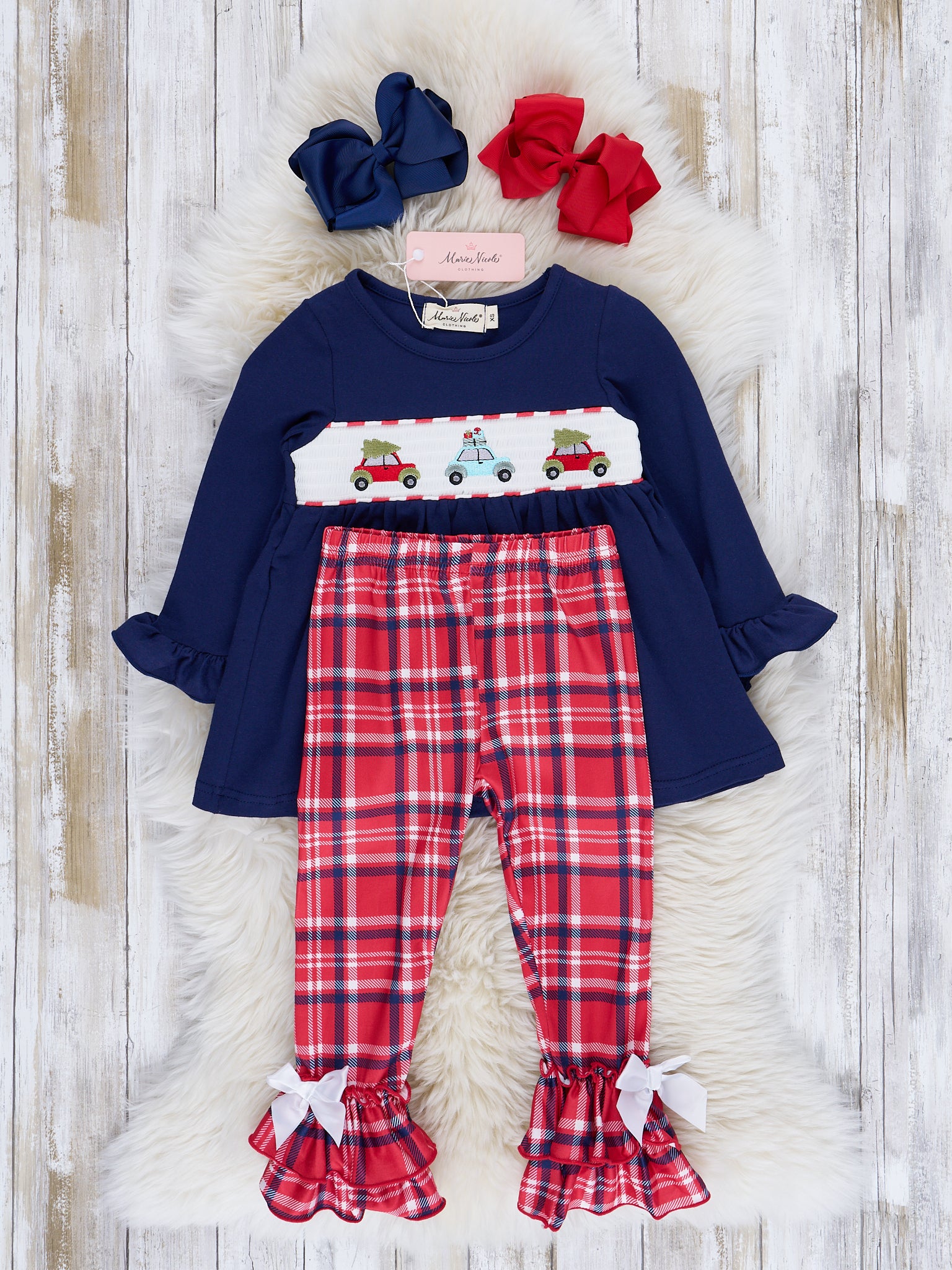 Navy & Red Holiday Plaid Smocked Ruffle Outfit - Marie Nicole Clothing