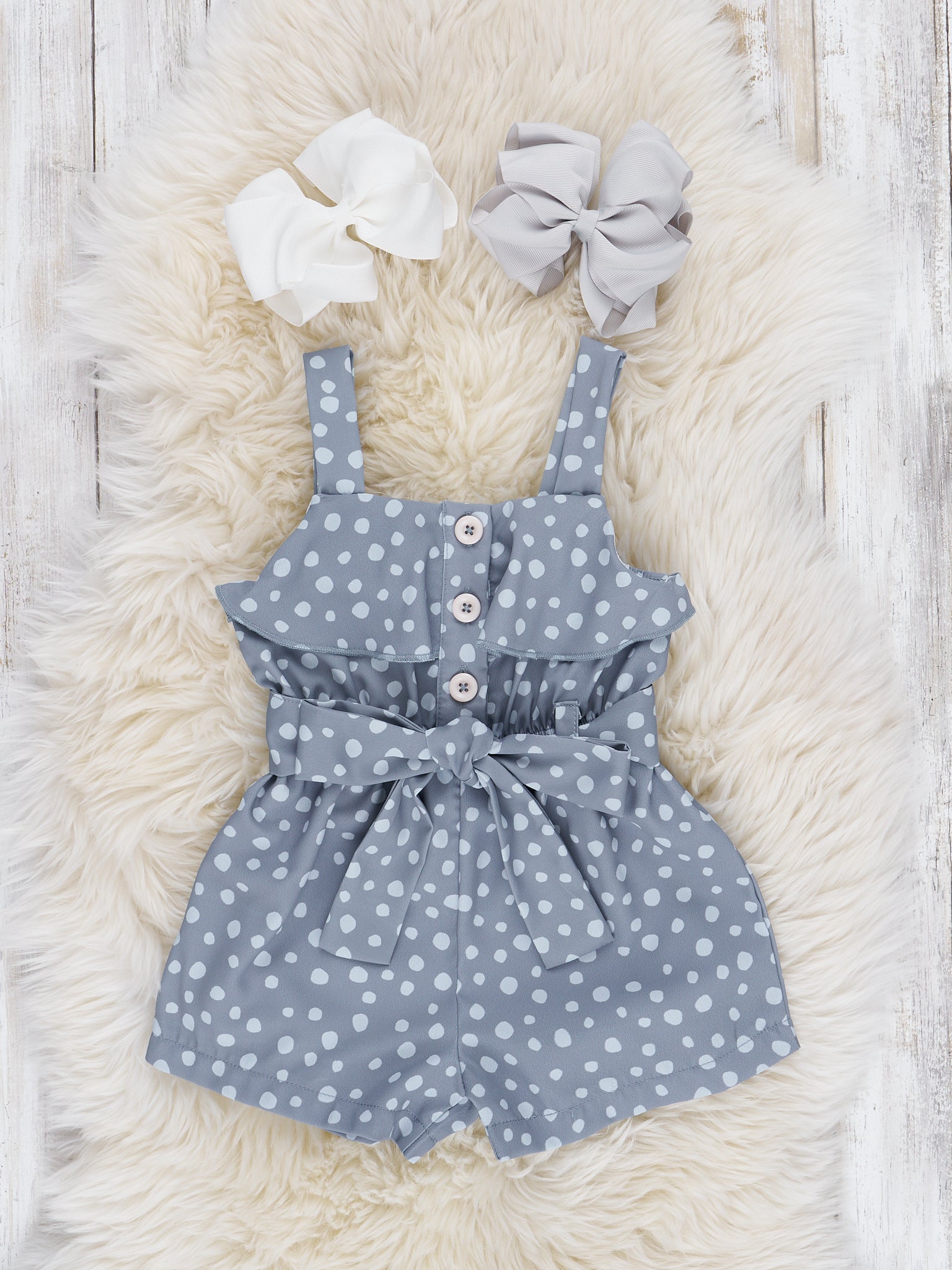 Mom & Me Grey Polka Dot Ruffle Romper - Marie Nicole Clothing