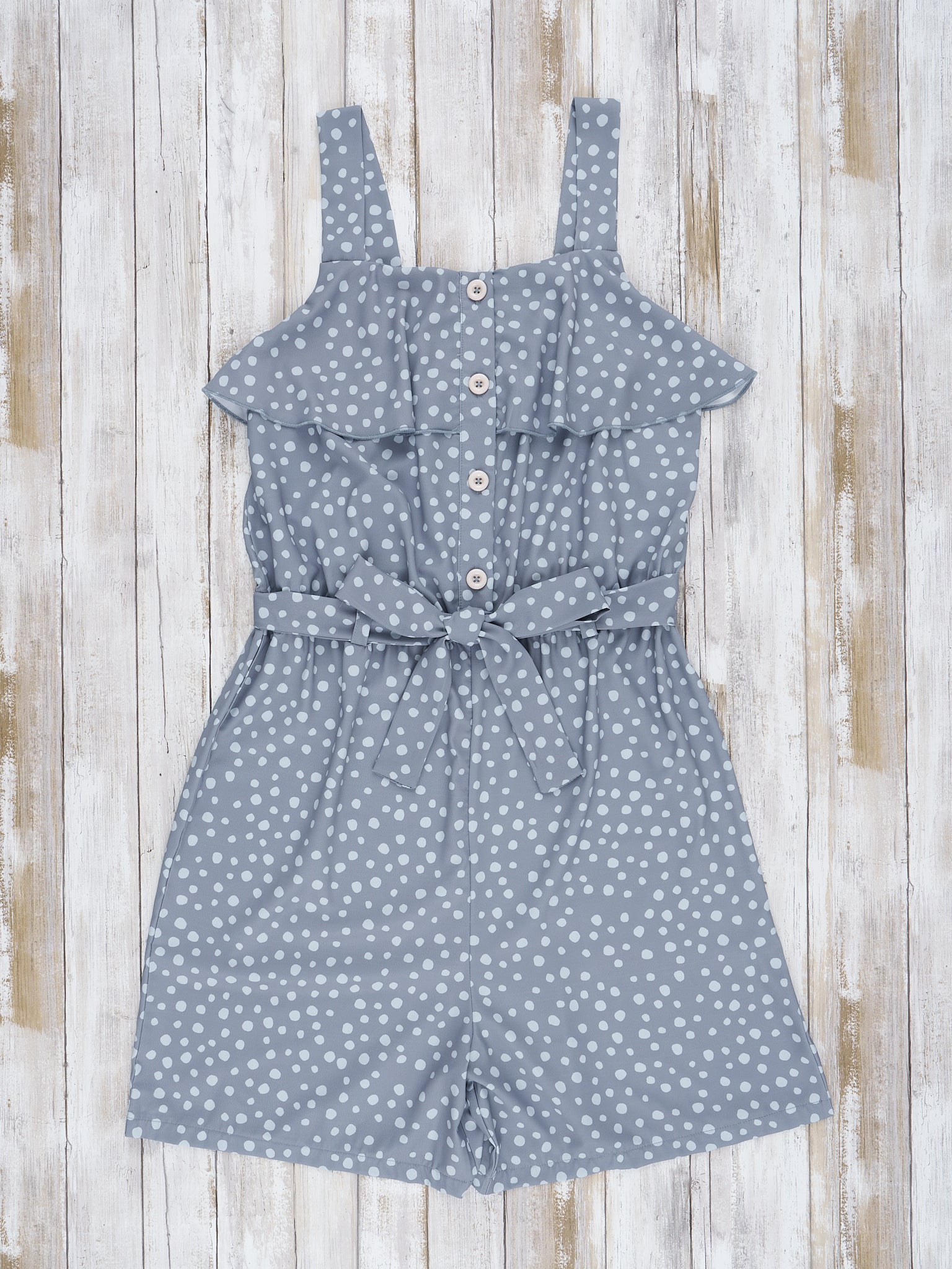 Mom & Me Grey Polka Dot Ruffle Romper - Marie Nicole Clothing