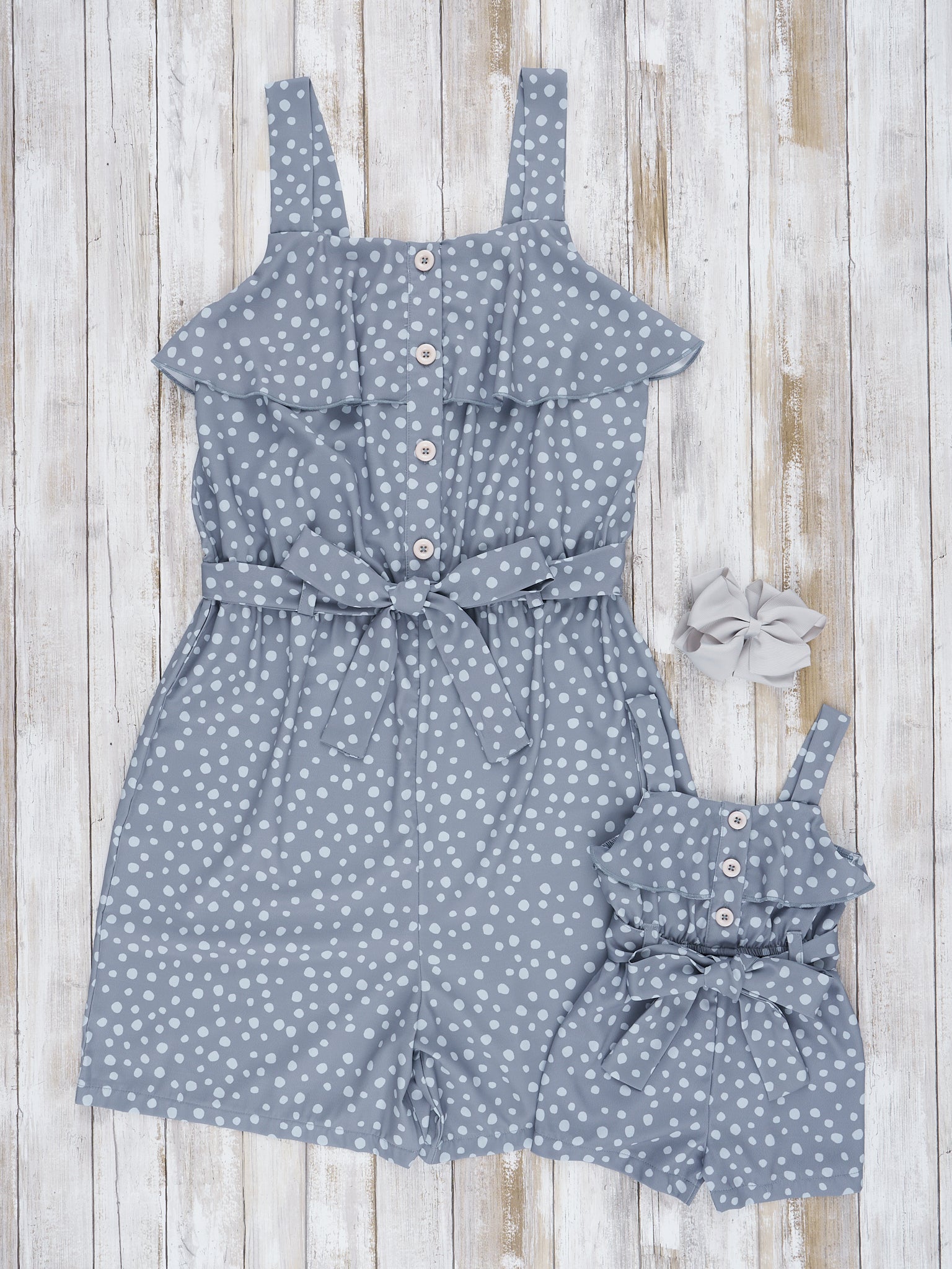 Mom & Me Grey Polka Dot Ruffle Romper - Marie Nicole Clothing