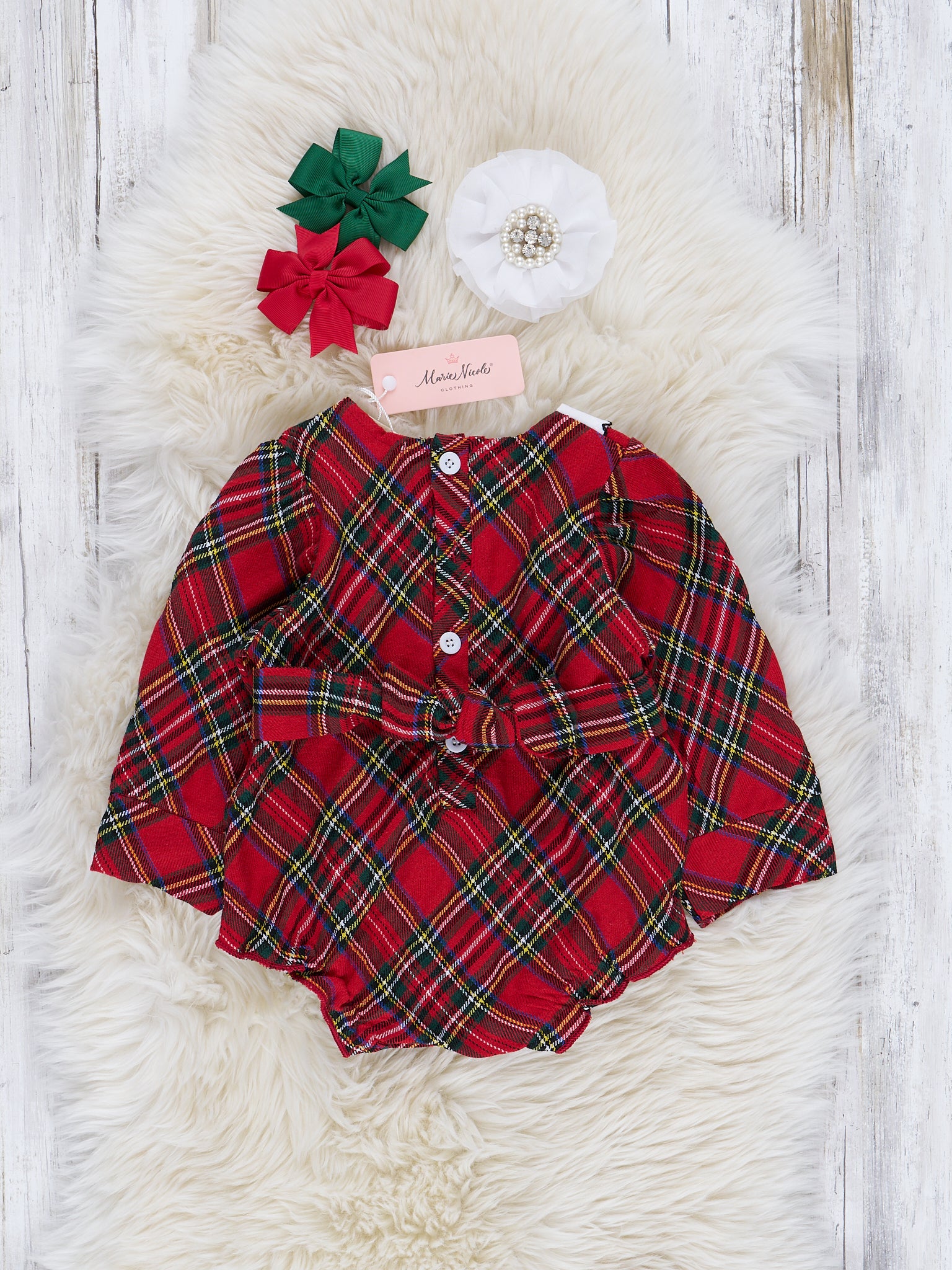 Vintage Red Christmas Plaid Ruffle Bubble Romper - Marie Nicole Clothing