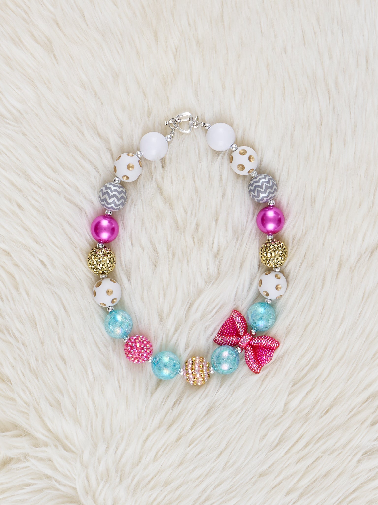 Teal & Magenta Sparkle Bow Bubblegum Necklace - Marie Nicole Clothing
