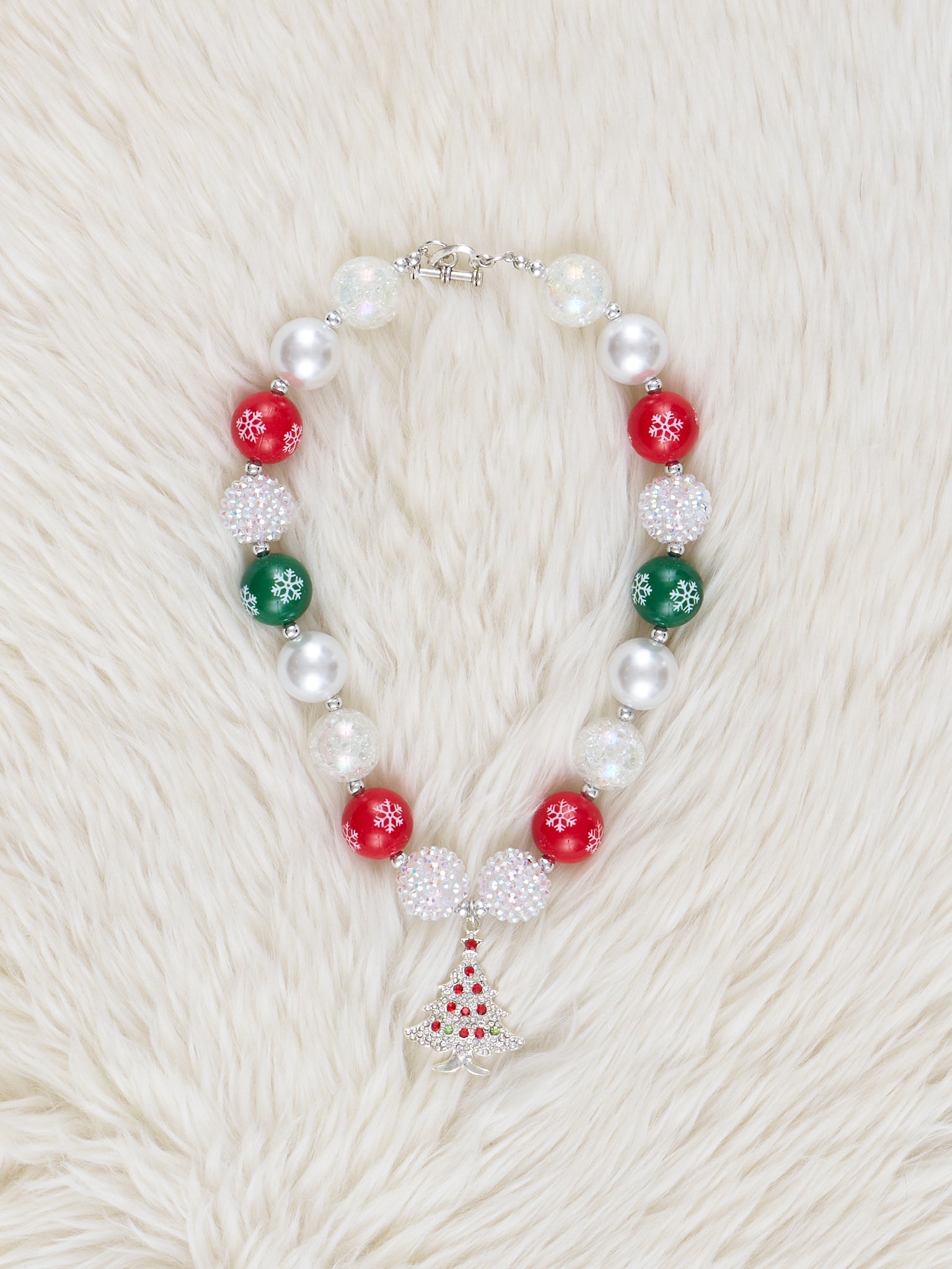 Shimmer Pearl Christmas Tree Charm Bubblegum Necklace - Marie Nicole Clothing