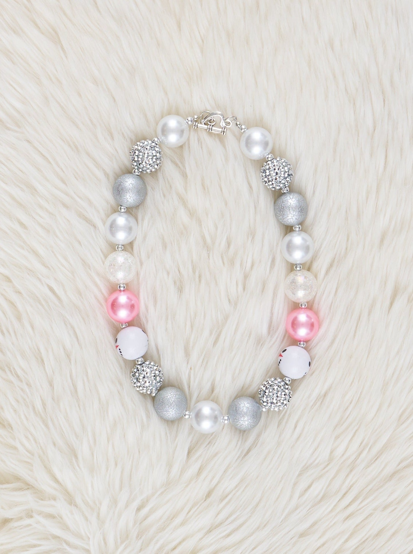 Pink & Silver Snowman Sparkles Bubblegum Necklace - Marie Nicole Clothing