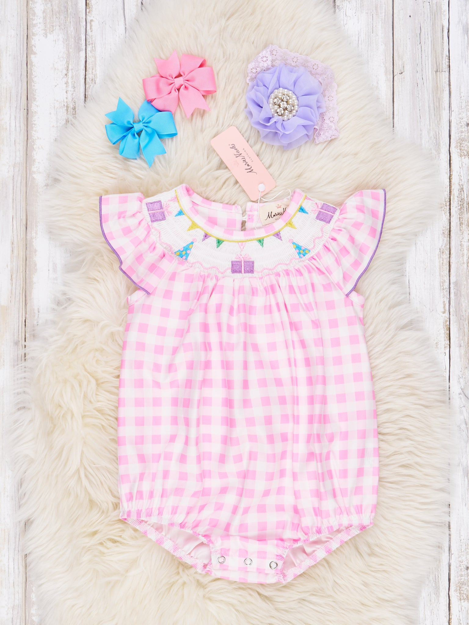 Gingham Smocked Party Romper - Marie Nicole Clothing