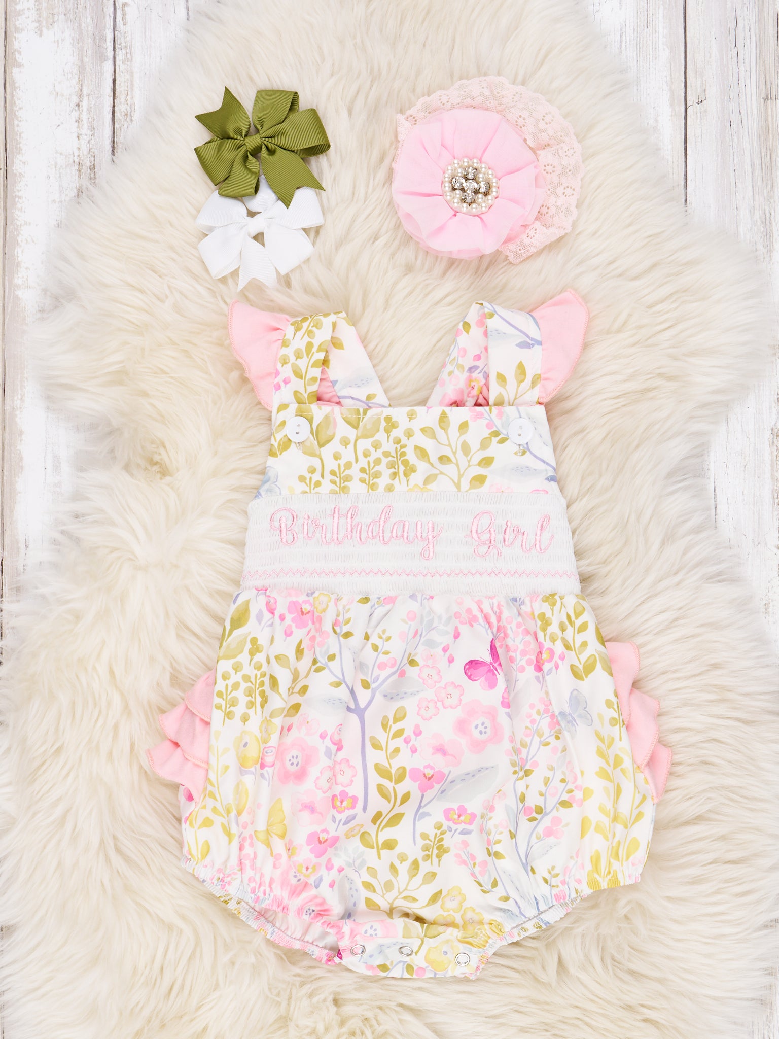 Smocked "Birthday Girl" Floral Ruffle Romper - Marie Nicole Clothing