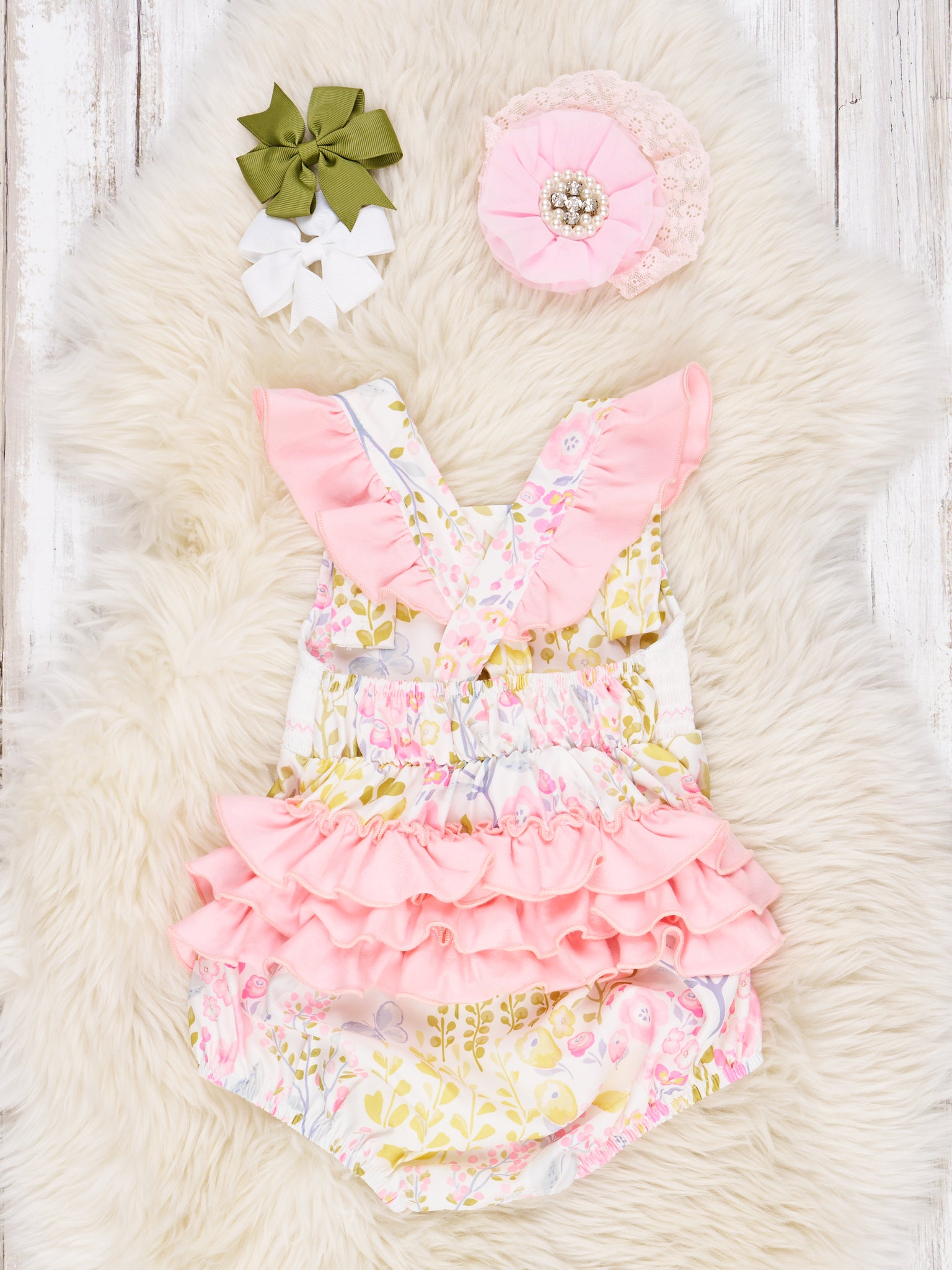 Smocked "Birthday Girl" Floral Ruffle Romper - Marie Nicole Clothing