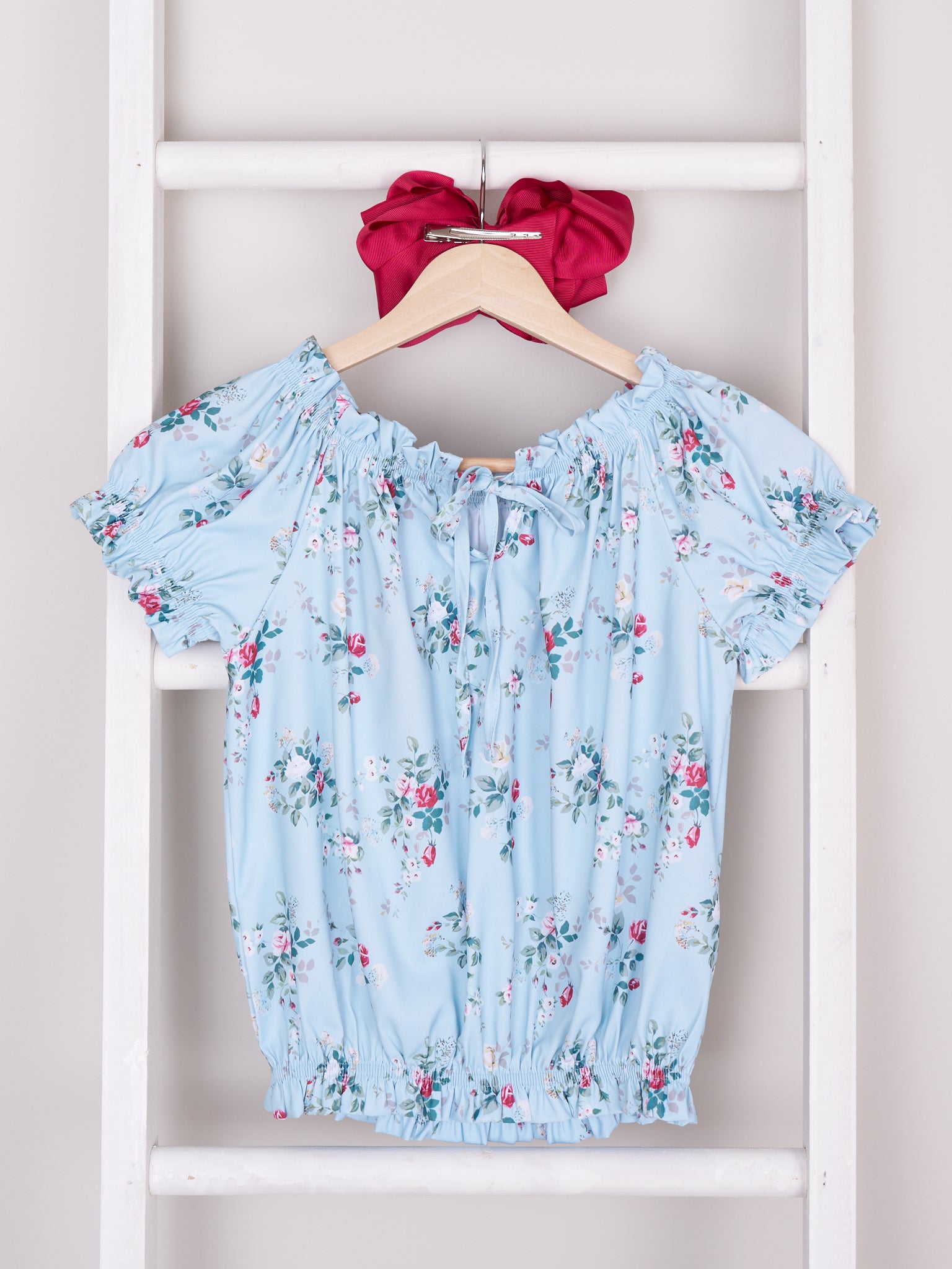 Pre - Teen Blue Floral Ruffle Tie Top - Marie Nicole Clothing