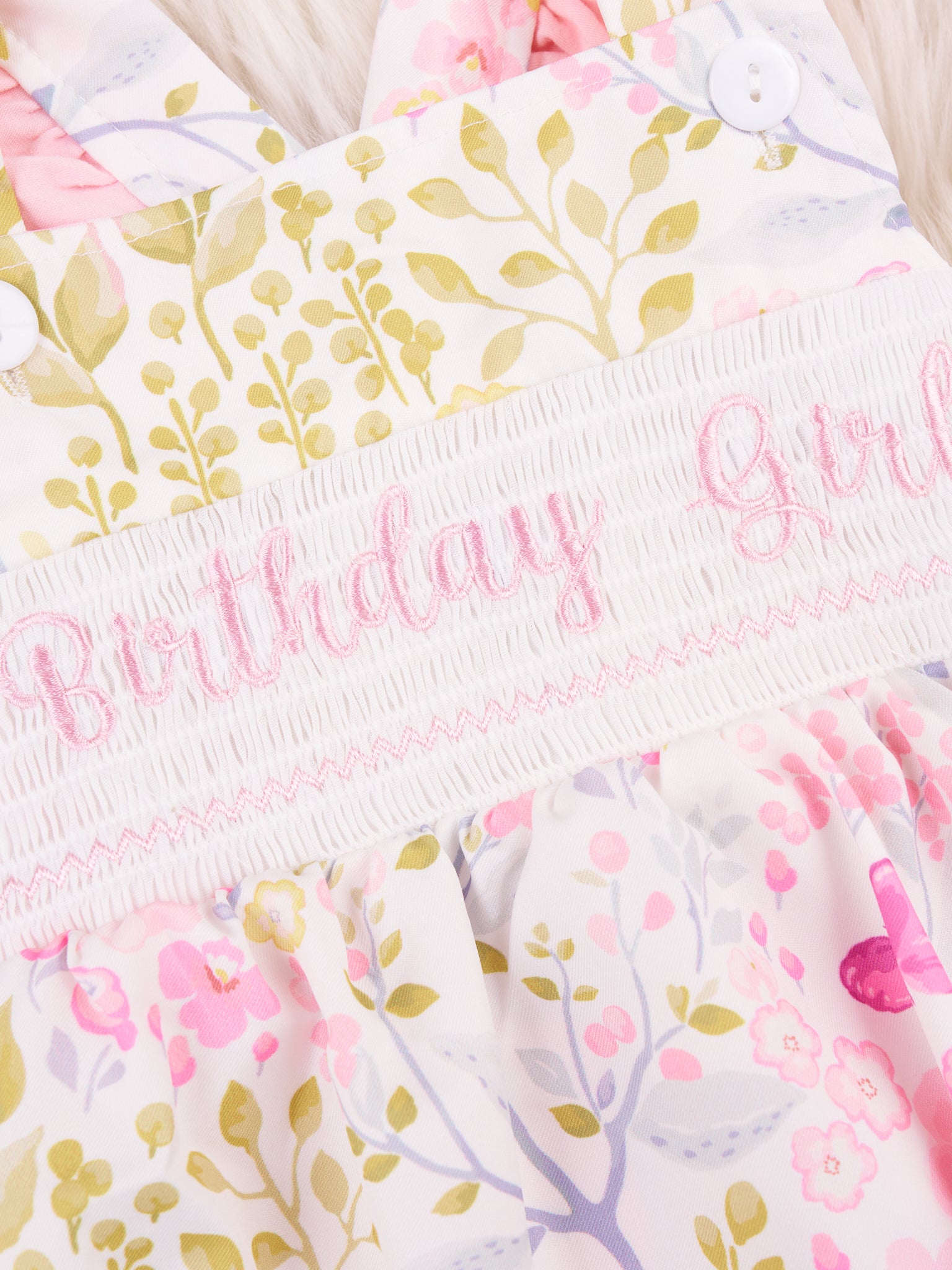Smocked "Birthday Girl" Floral Ruffle Romper - Marie Nicole Clothing