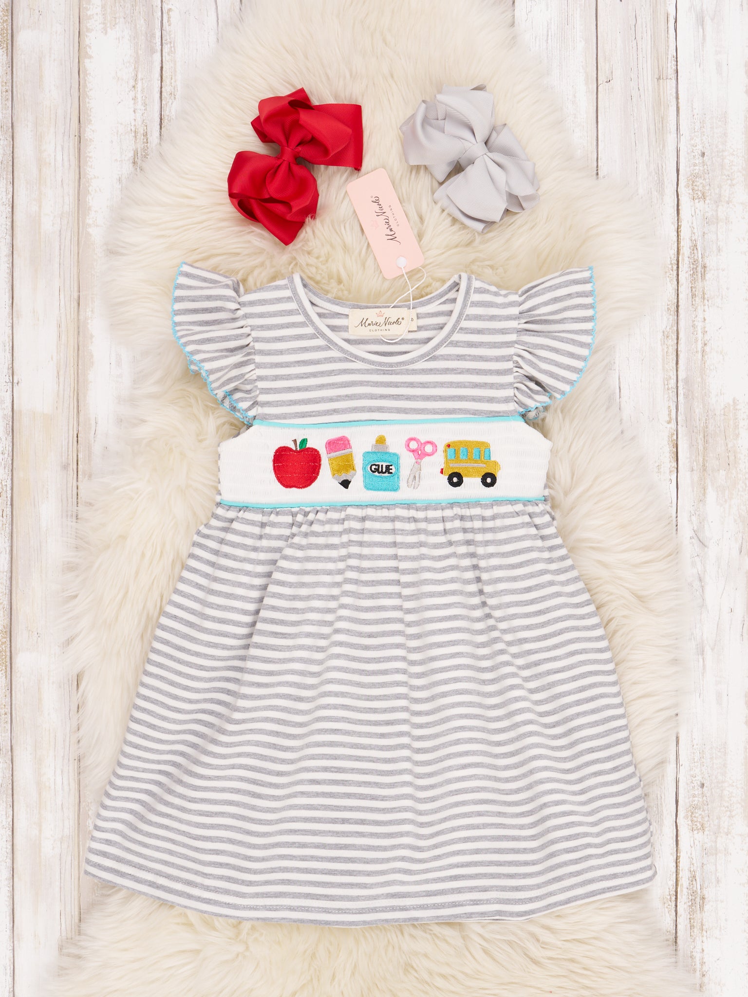Smocked Stripe School Supplies Ruffle Dress - Marie Nicole Clothing