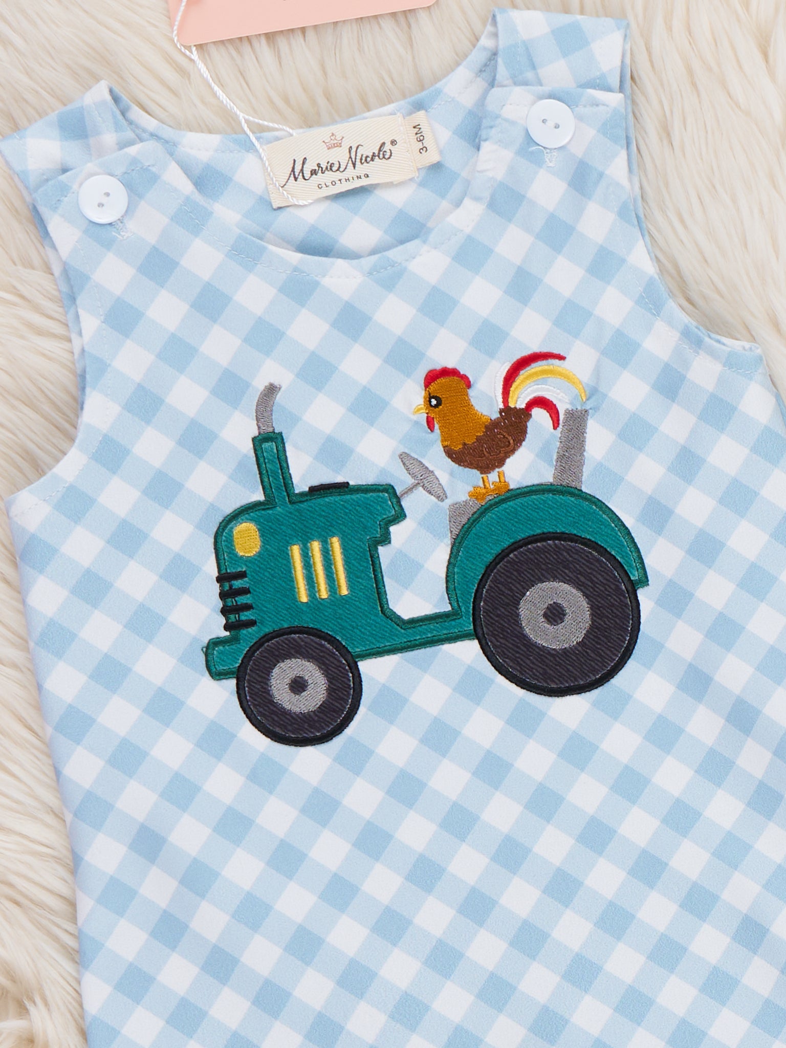 Embroidered Rooster Tractor Gingham Johnny - Marie Nicole Clothing