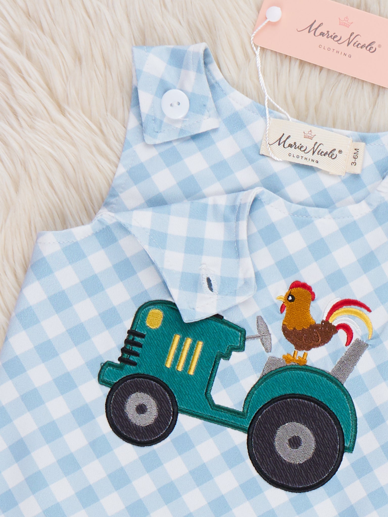 Embroidered Rooster Tractor Gingham Johnny - Marie Nicole Clothing