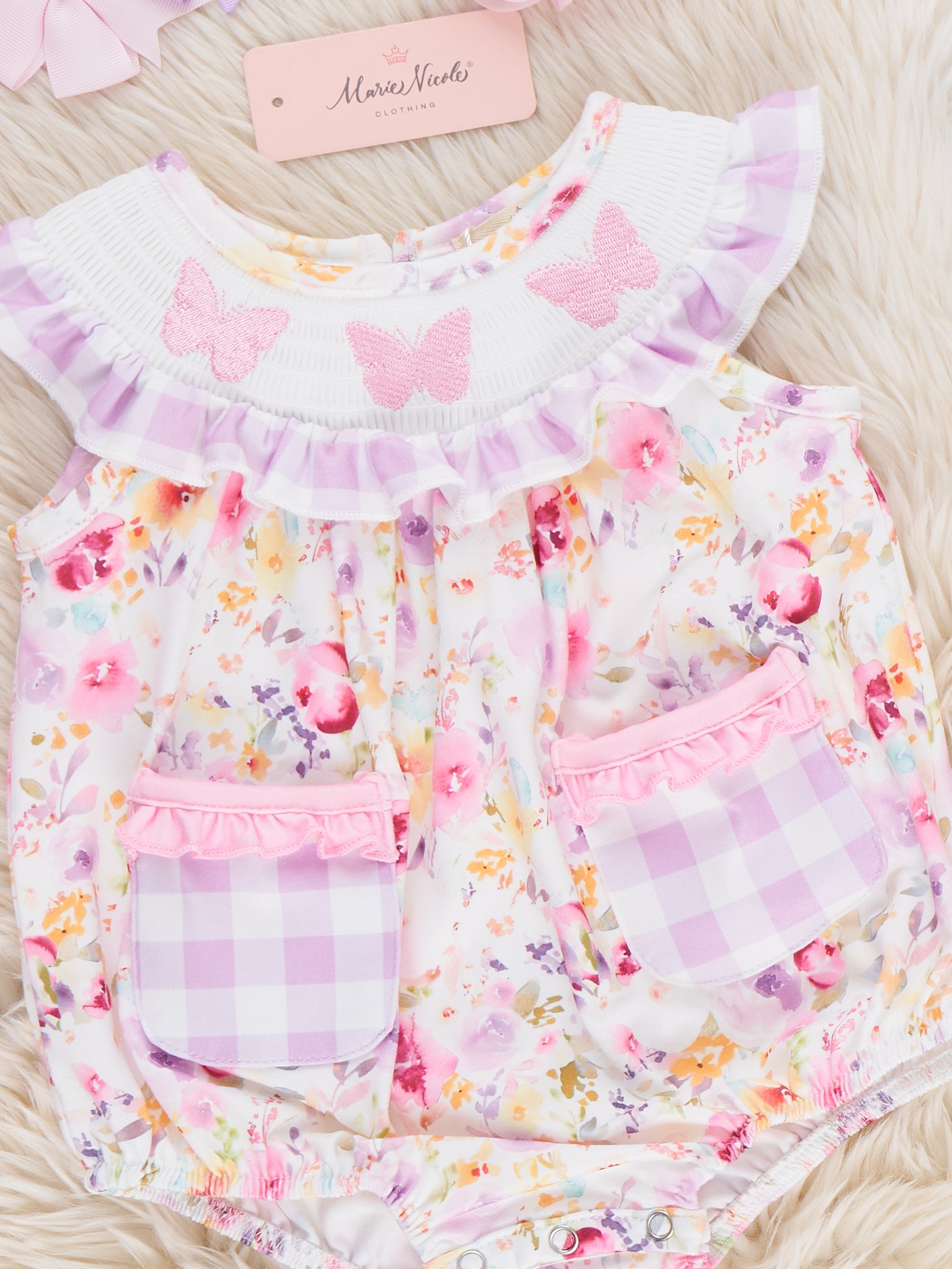 Lilac Butterfly Garden Smocked Bubble Romper - Marie Nicole Clothing