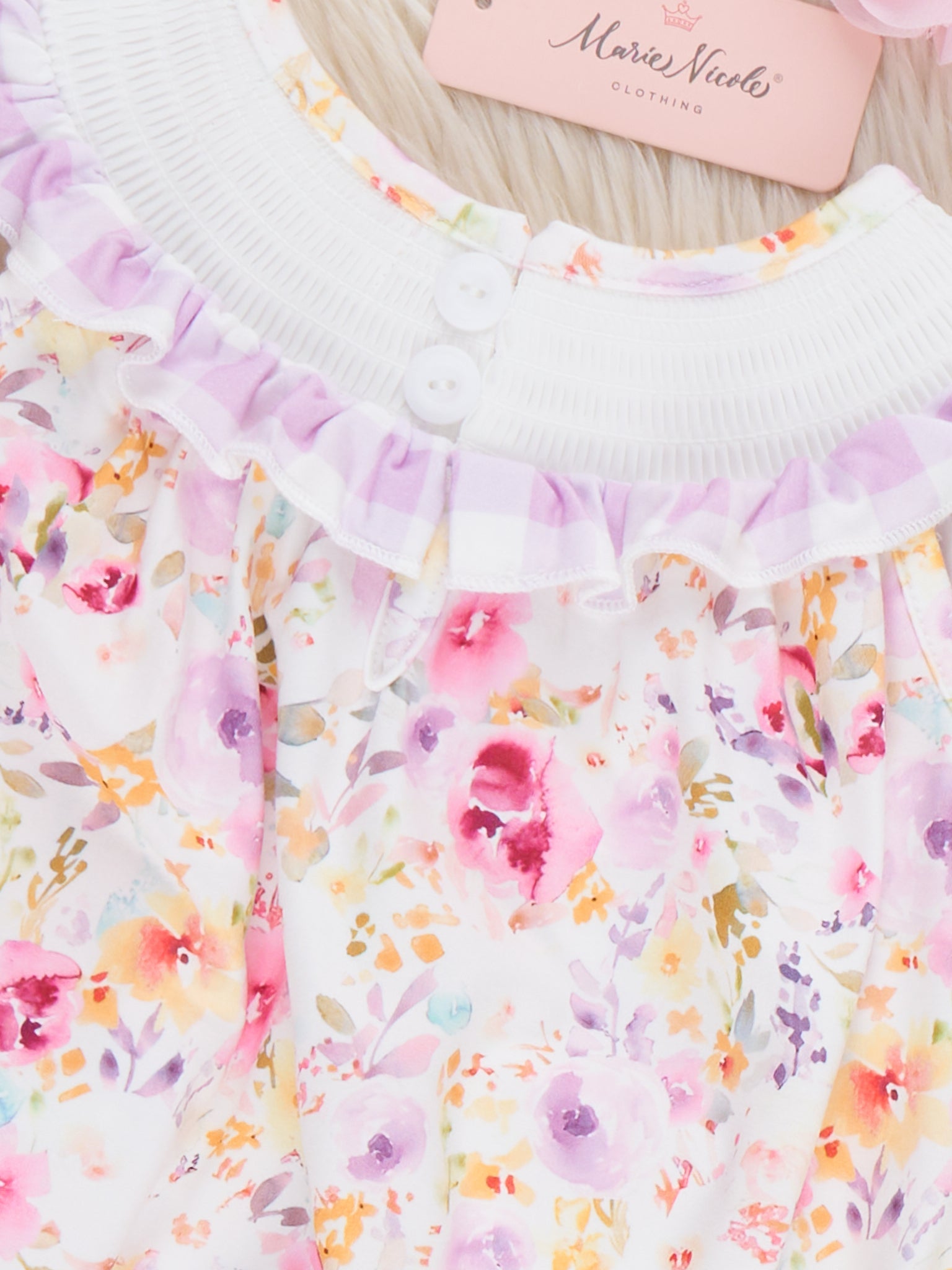 Lilac Butterfly Garden Smocked Bubble Romper - Marie Nicole Clothing