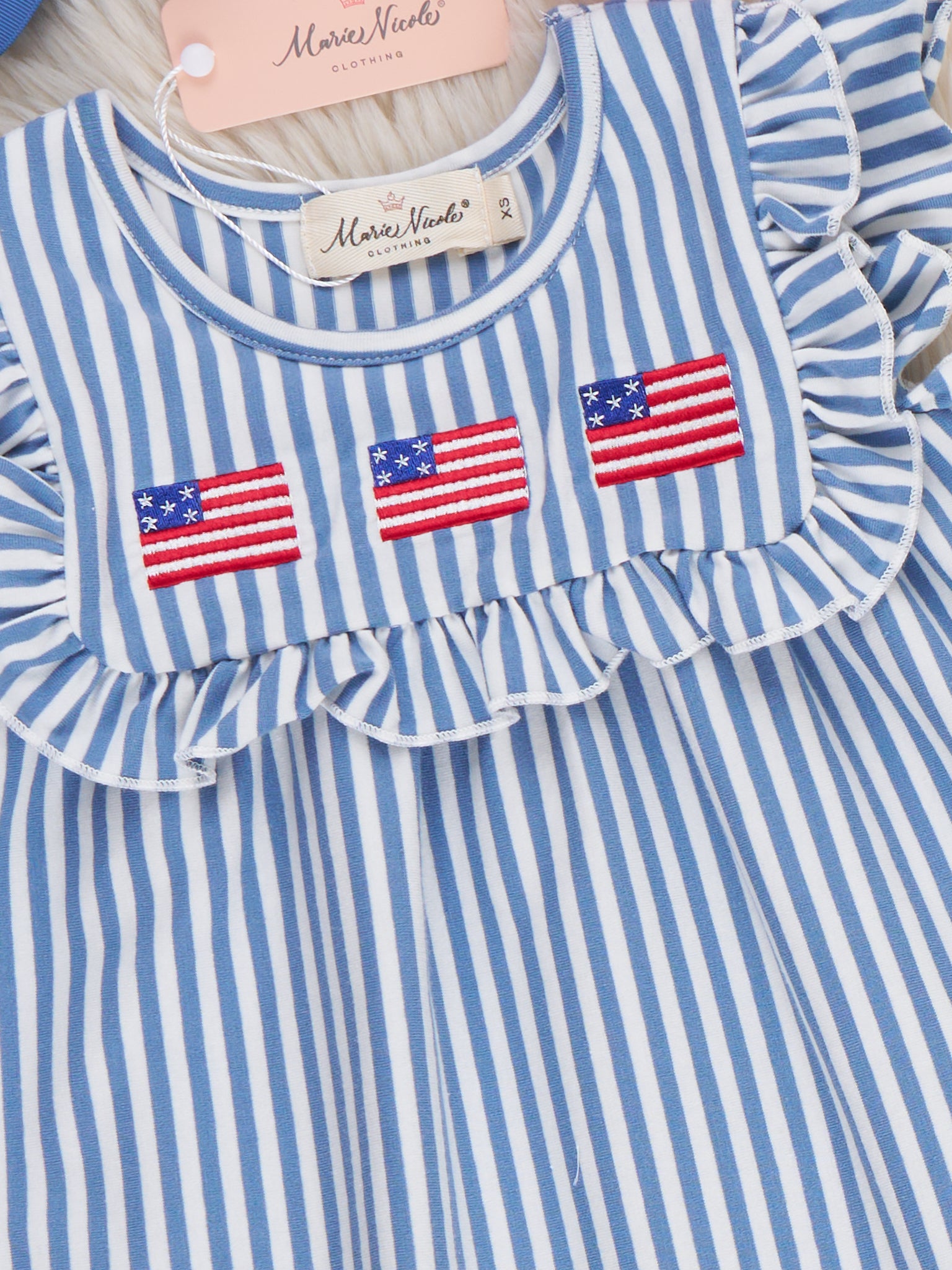 Stripes of Freedom Embroidered Cotton Ruffle Dress - Marie Nicole Clothing