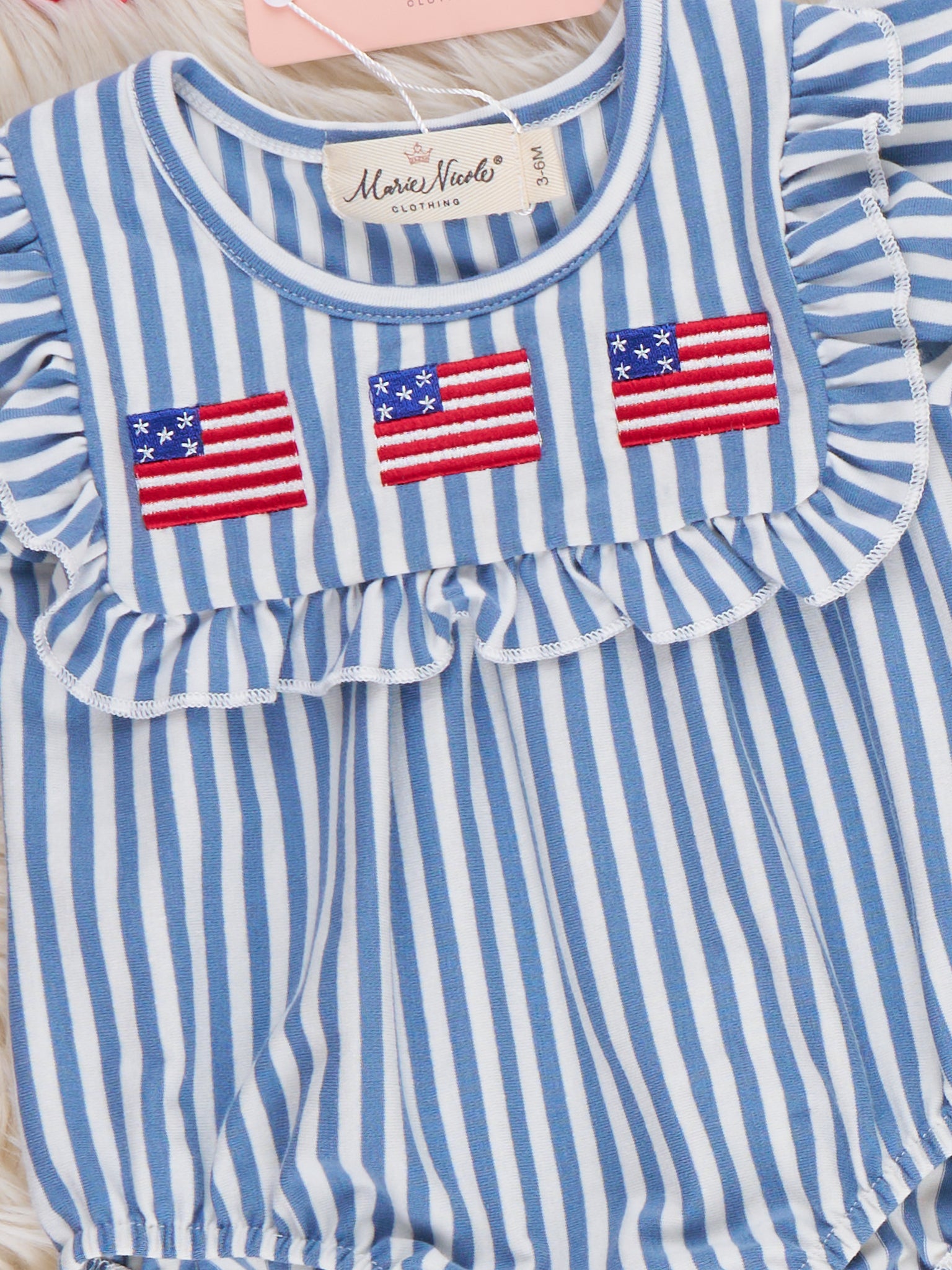 Stripes of Freedom Embroidered Cotton Ruffle Romper - Marie Nicole Clothing