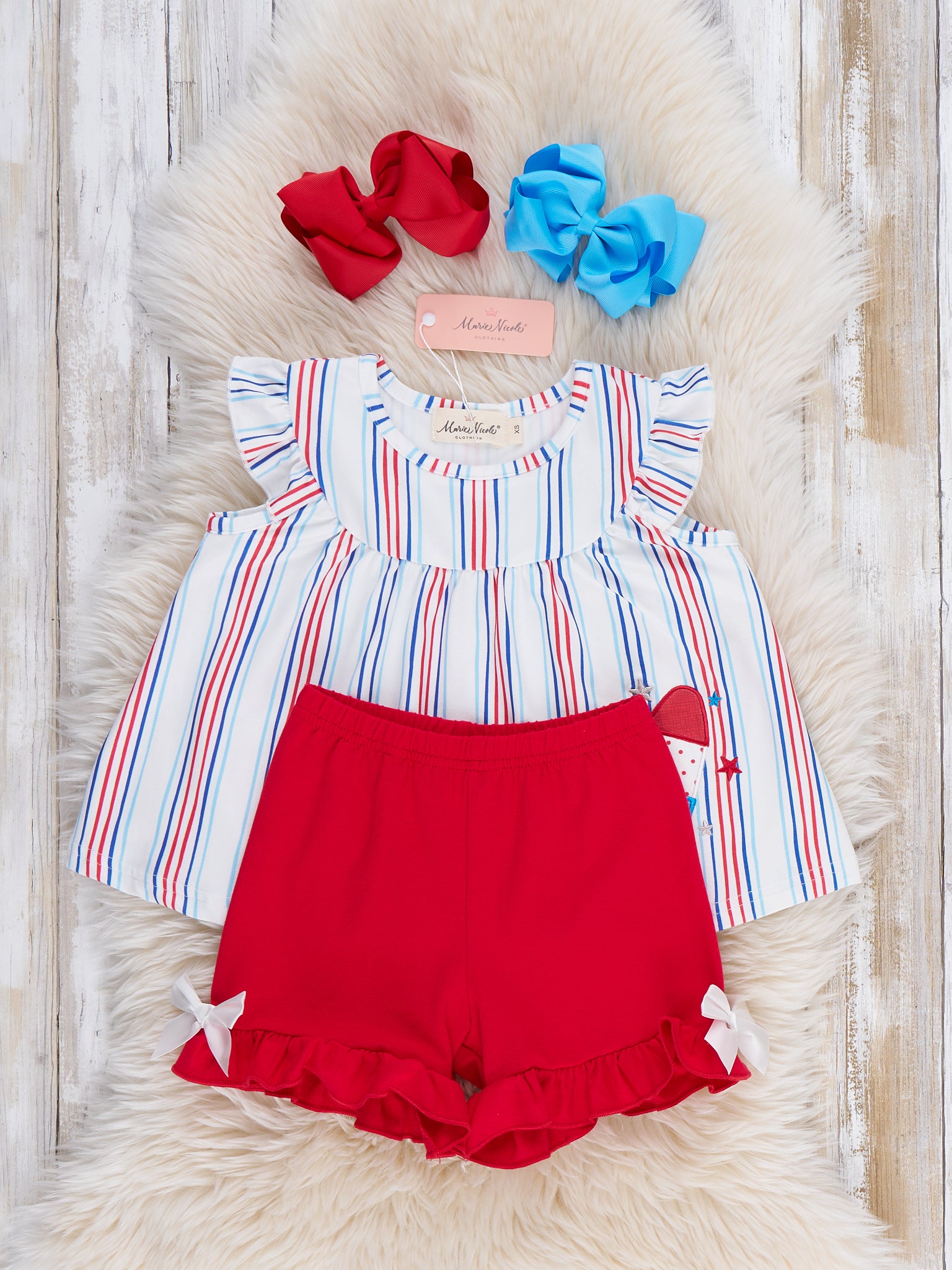 Star Popsicle Embroidered Striped Ruffle Outfit - Marie Nicole Clothing