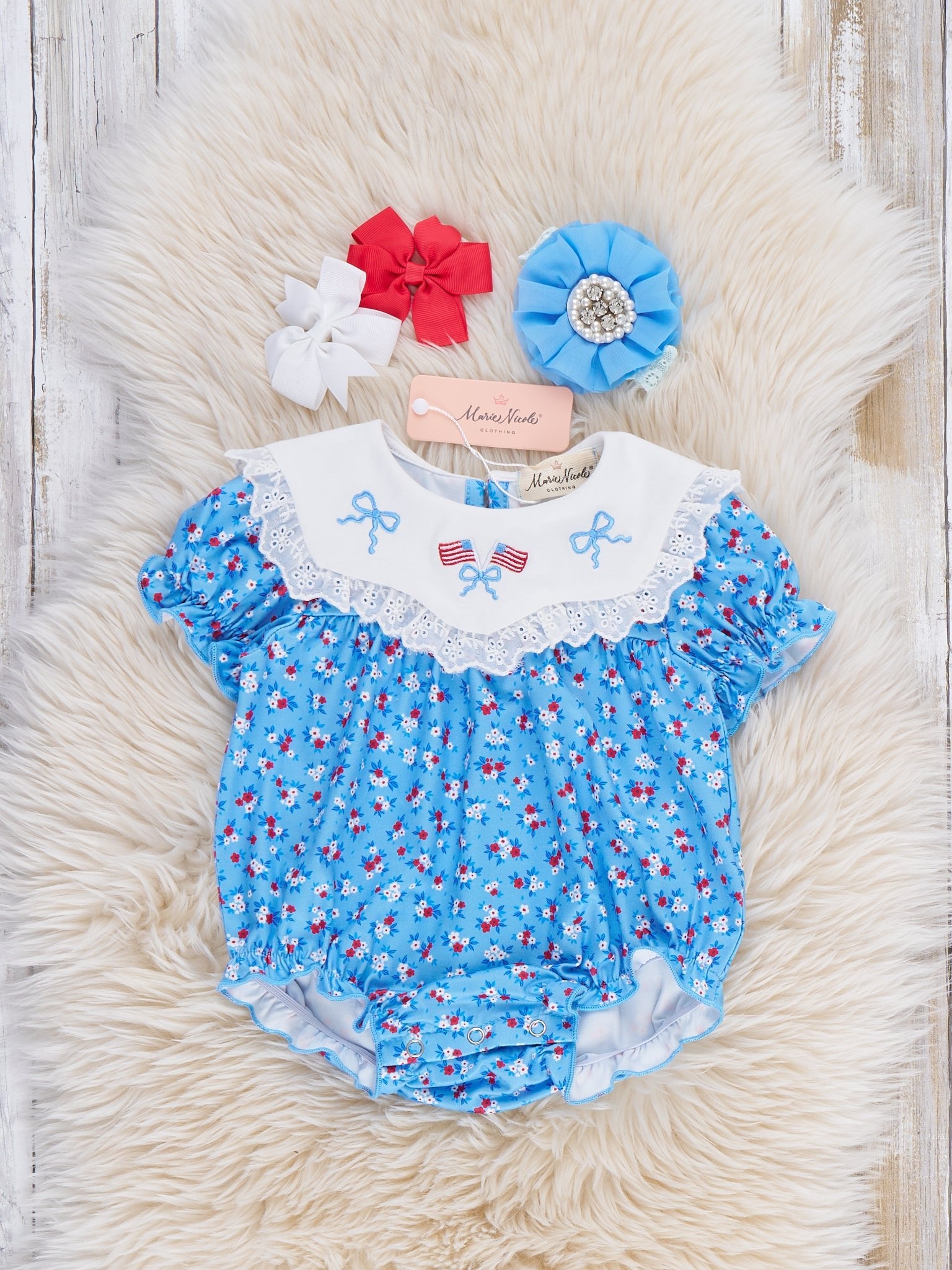 American Dreamer Embroidered Lace Ruffle Romper - Marie Nicole Clothing