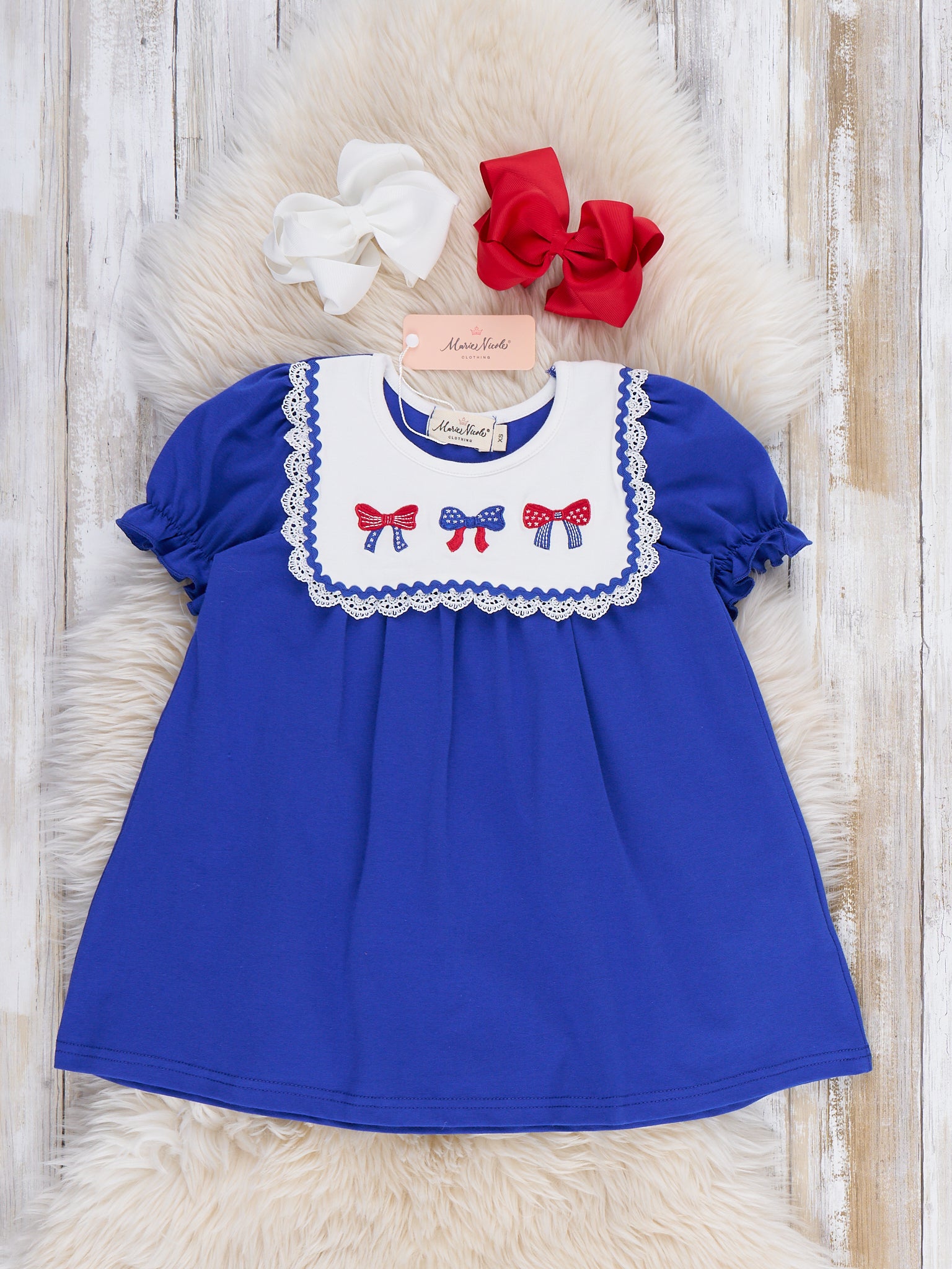 Patriotic Bow Bliss Embroidered Cotton Ruffle Dress - Marie Nicole Clothing