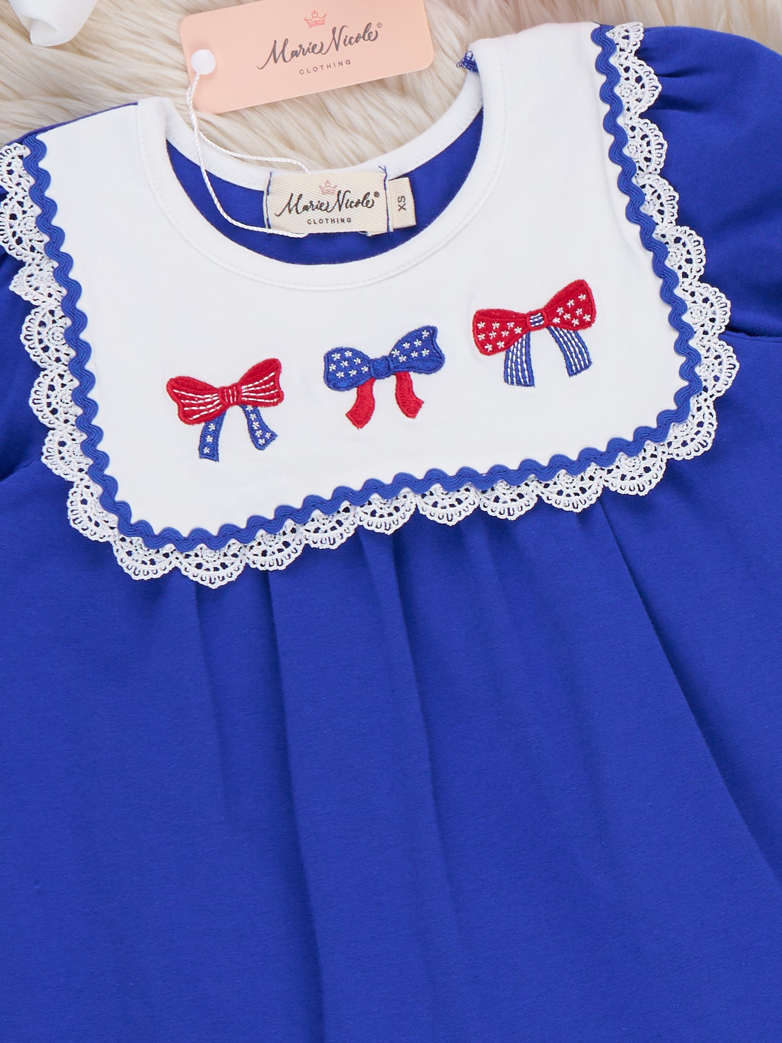 Patriotic Bow Bliss Embroidered Cotton Ruffle Dress - Marie Nicole Clothing