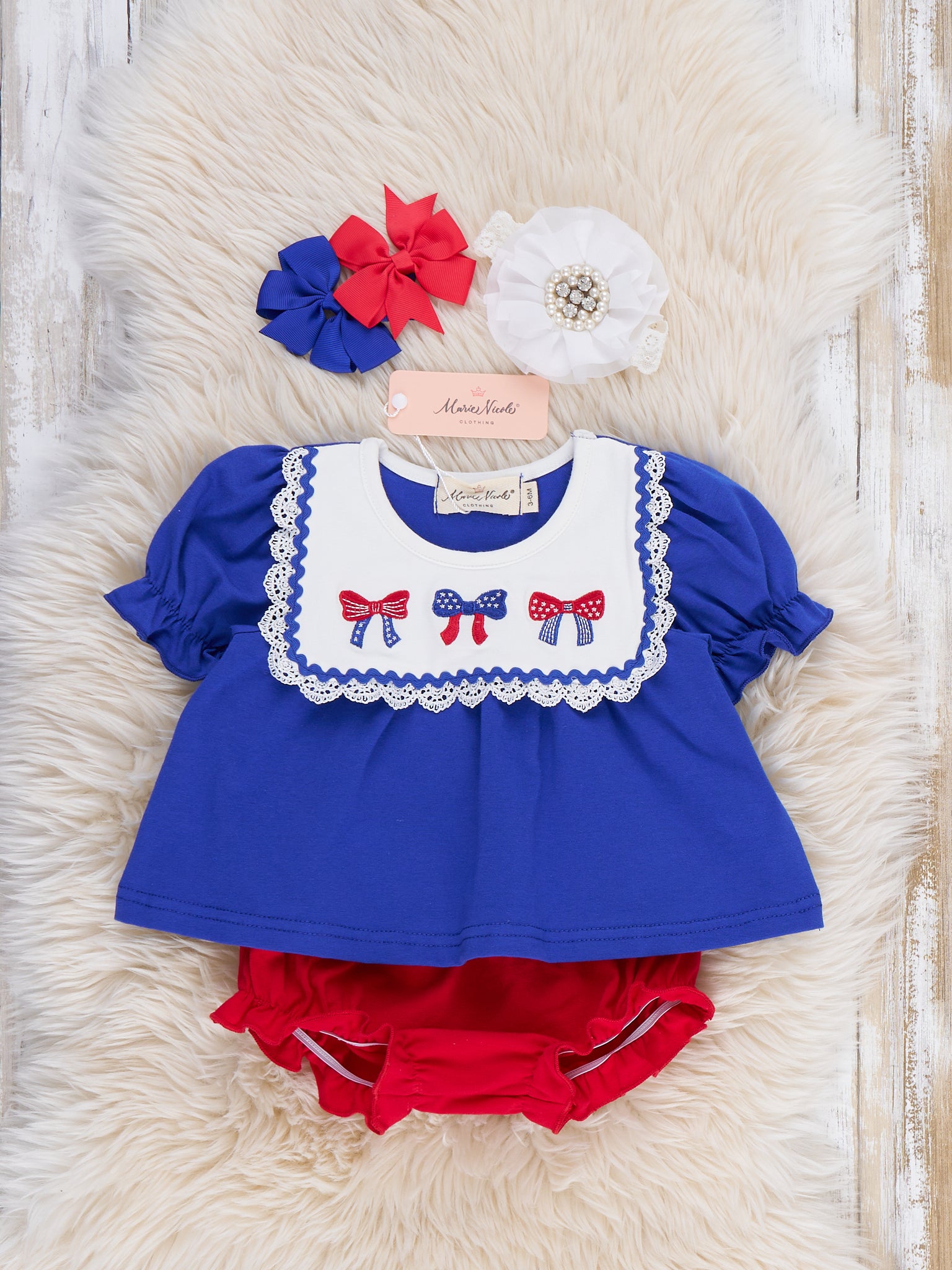 Patriotic Bow Bliss Embroidered Cotton Ruffle Bloomers Outfit - Marie Nicole Clothing